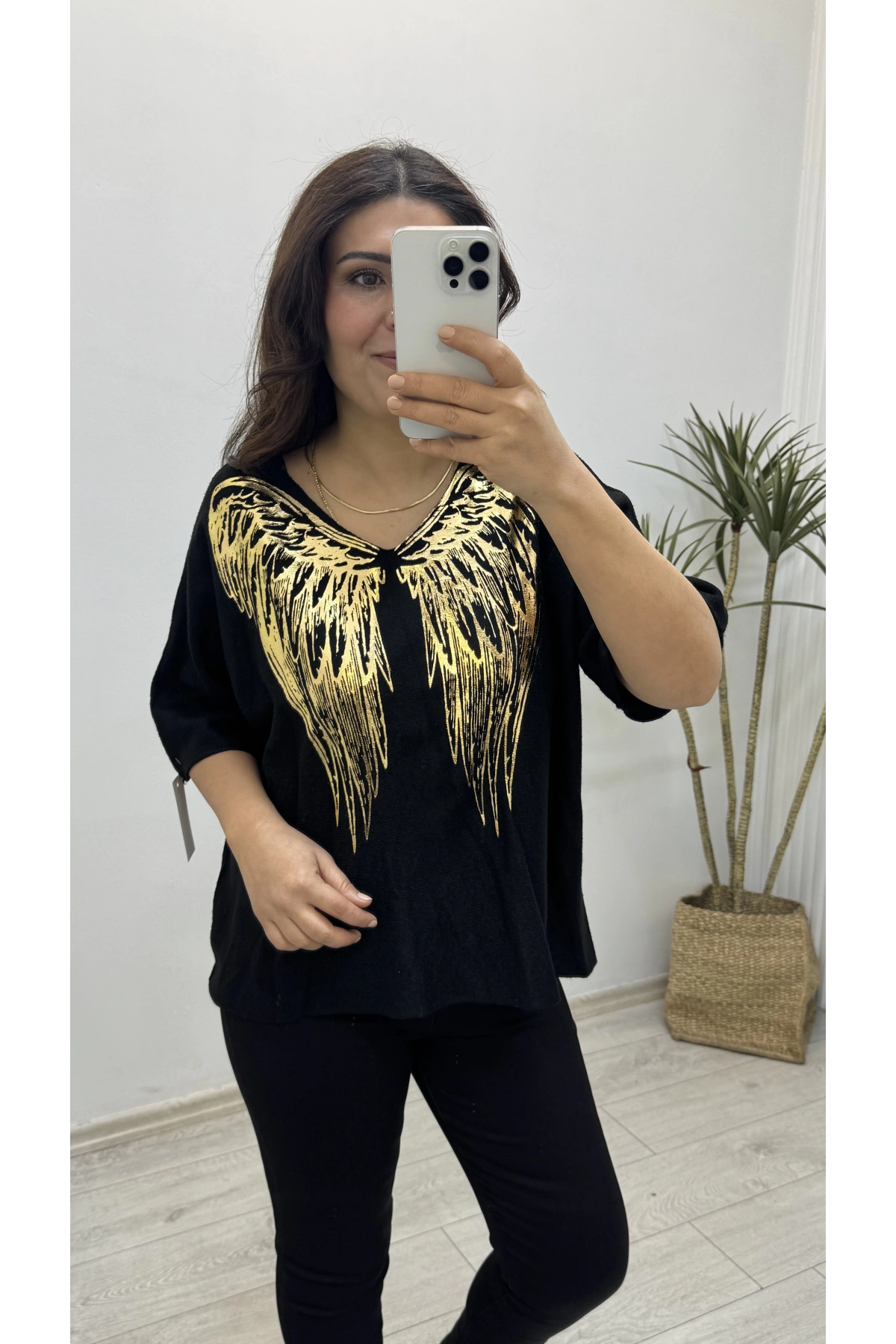 İthal Melek Kanadı Baskılı Dirsek Kol Siyah Kazak