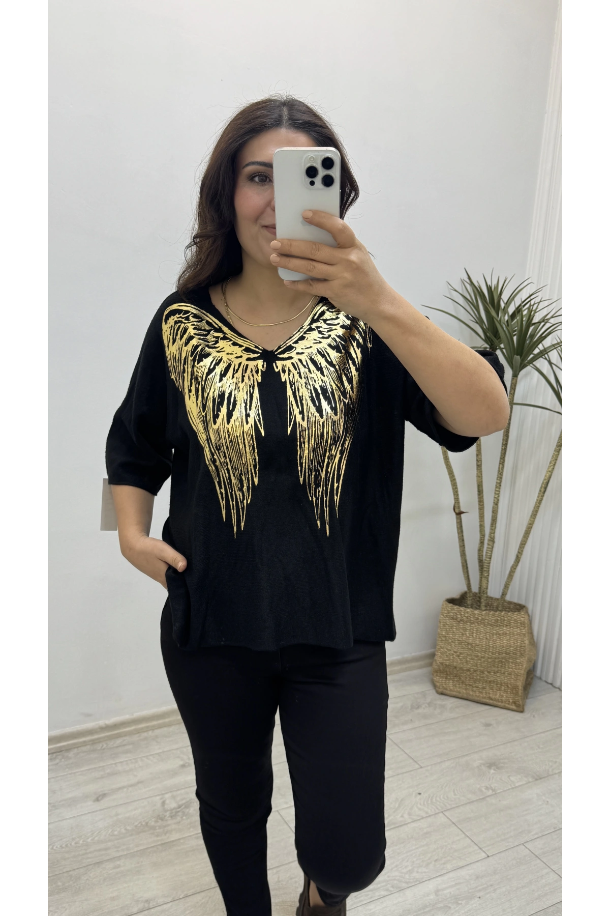 İthal Melek Kanadı Baskılı Dirsek Kol Siyah Kazak