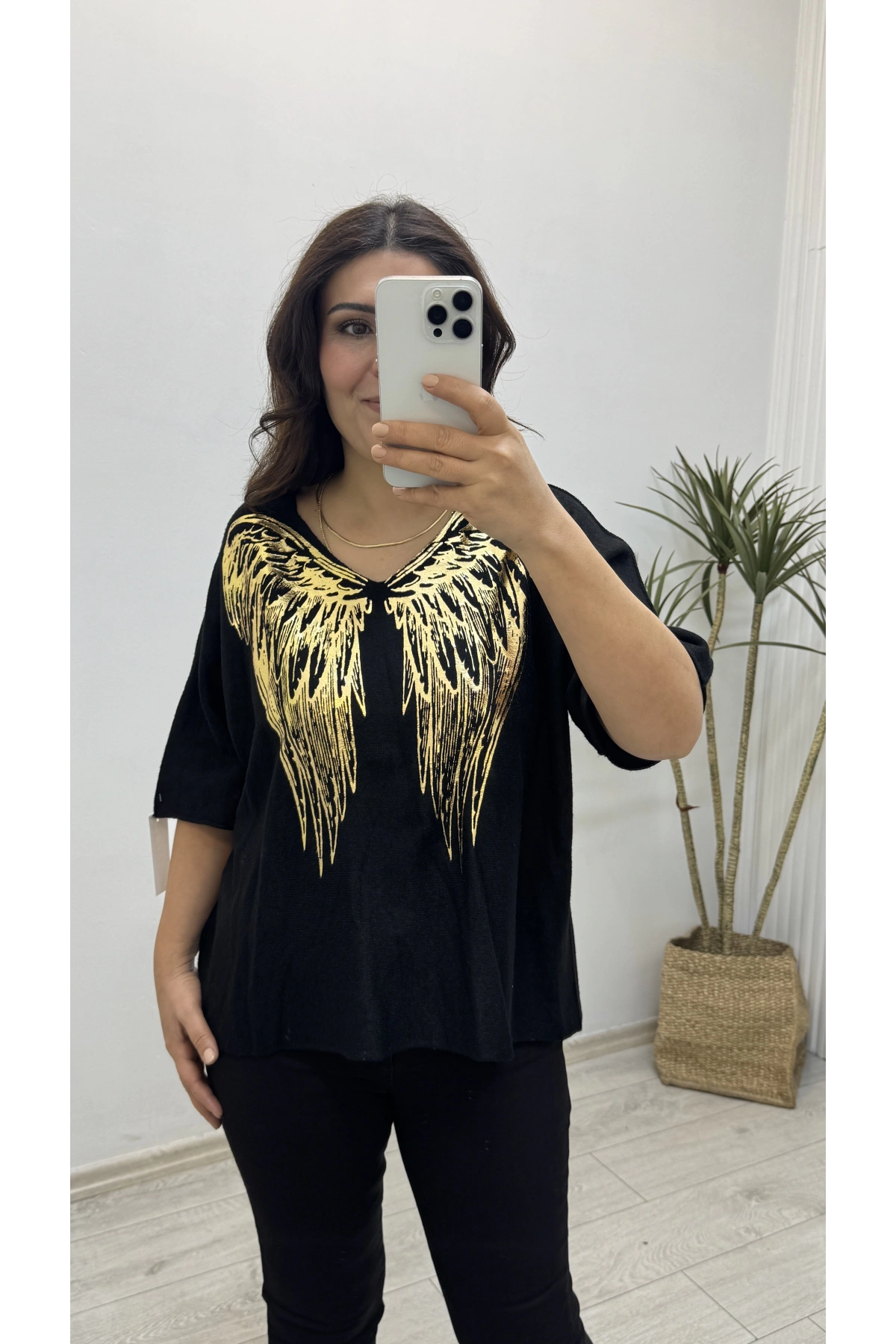 İthal Melek Kanadı Baskılı Dirsek Kol Siyah Kazak