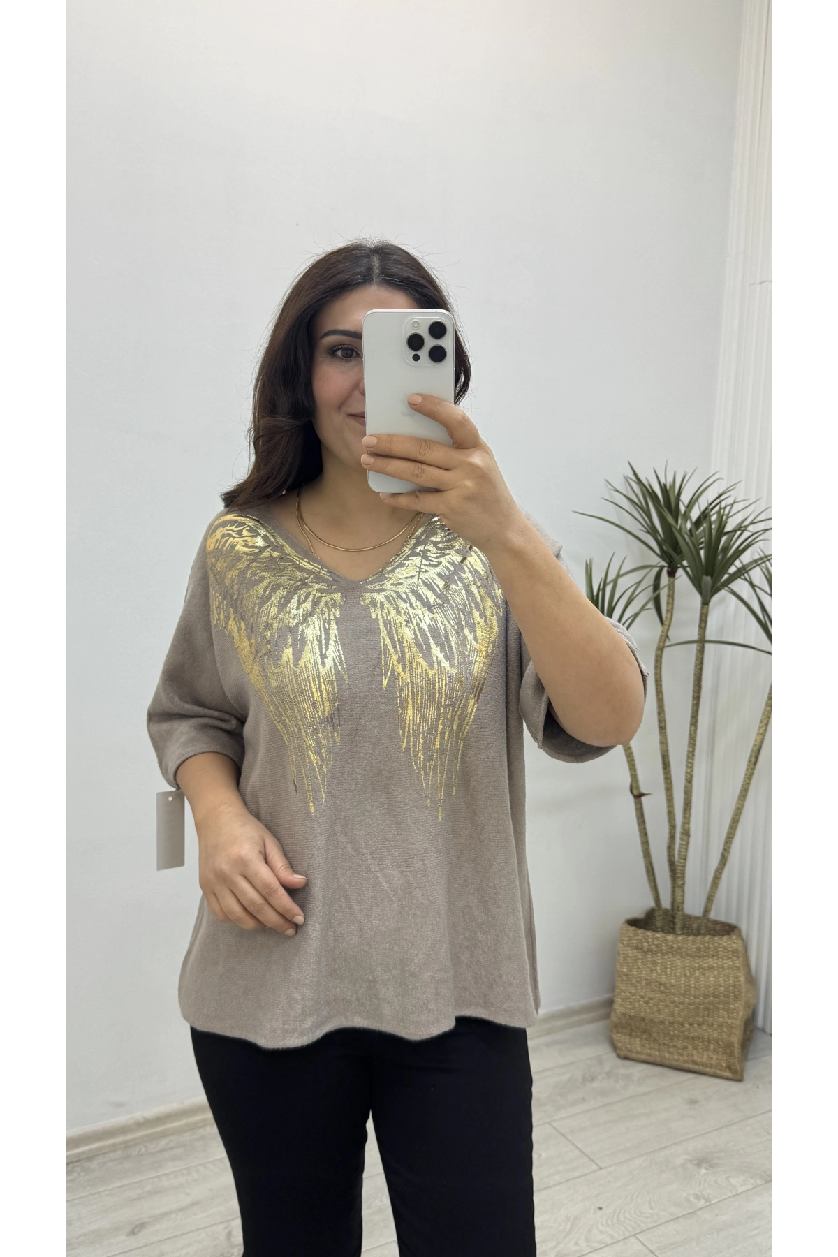 İthal Melek Kanadı Baskılı Dirsek Kol Vizonrengi Kazak