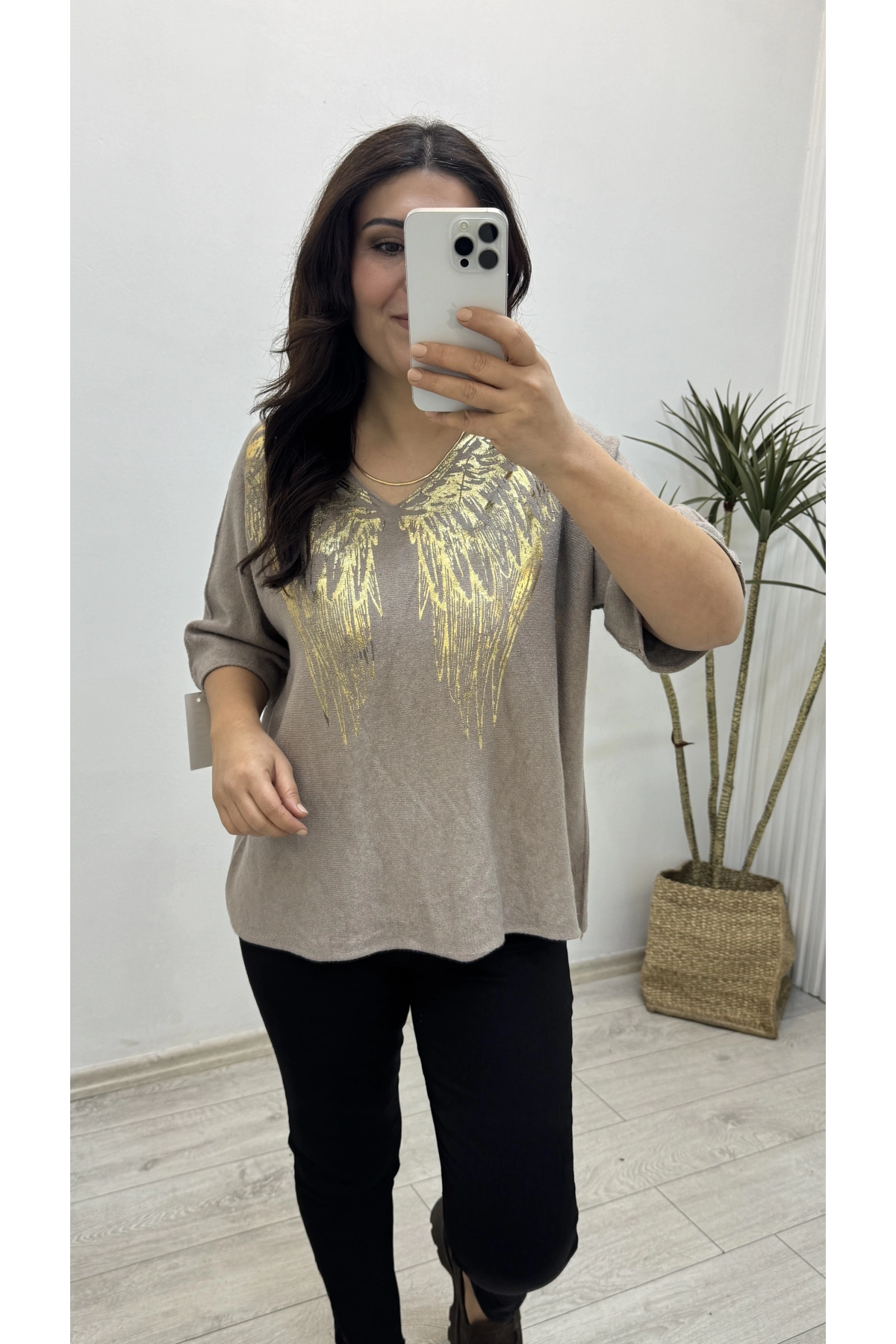 İthal Melek Kanadı Baskılı Dirsek Kol Vizonrengi Kazak