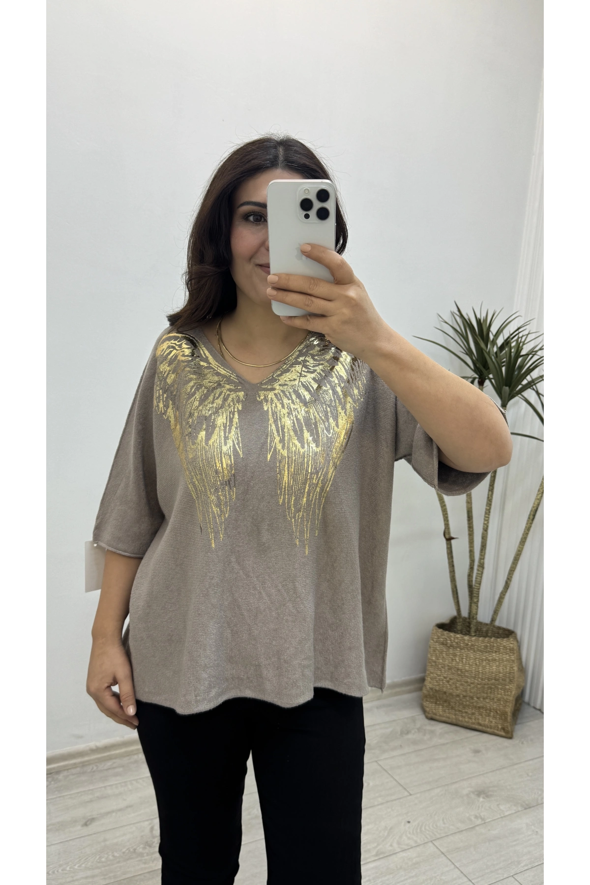 İthal Melek Kanadı Baskılı Dirsek Kol Vizonrengi Kazak