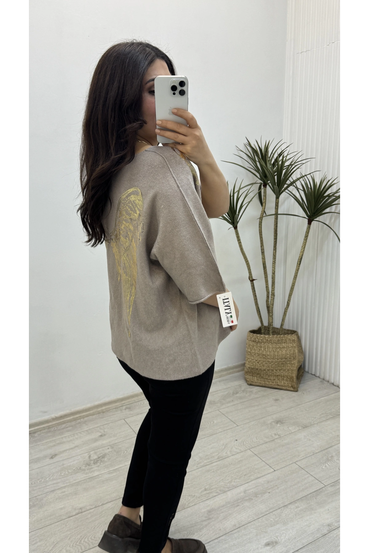 İthal Melek Kanadı Baskılı Dirsek Kol Vizonrengi Kazak