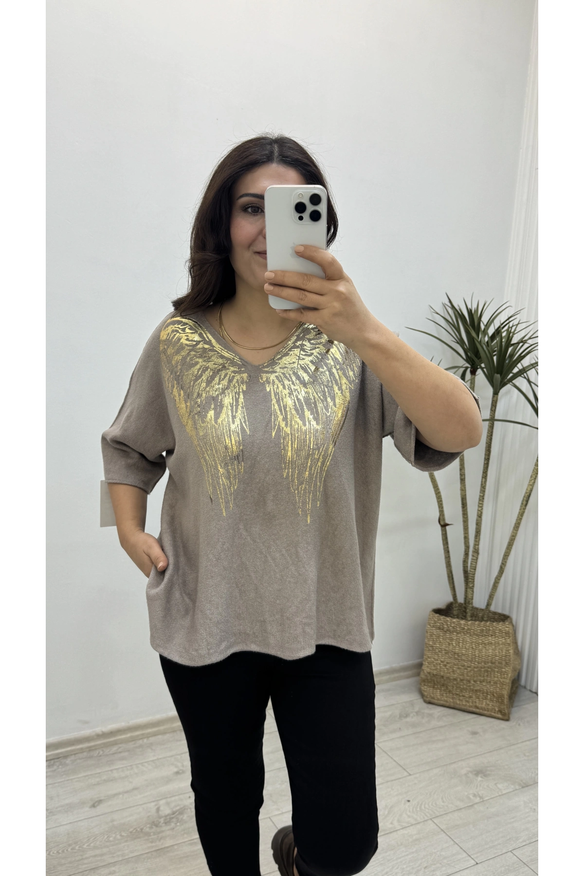 İthal Melek Kanadı Baskılı Dirsek Kol Vizonrengi Kazak