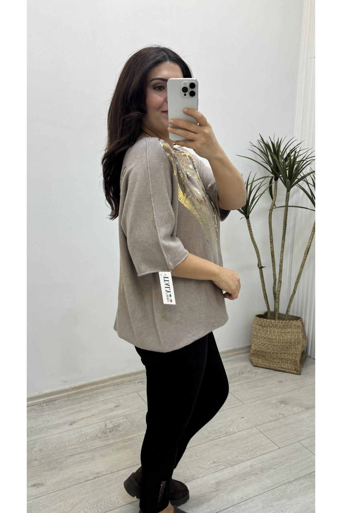 İthal Melek Kanadı Baskılı Dirsek Kol Vizonrengi Kazak