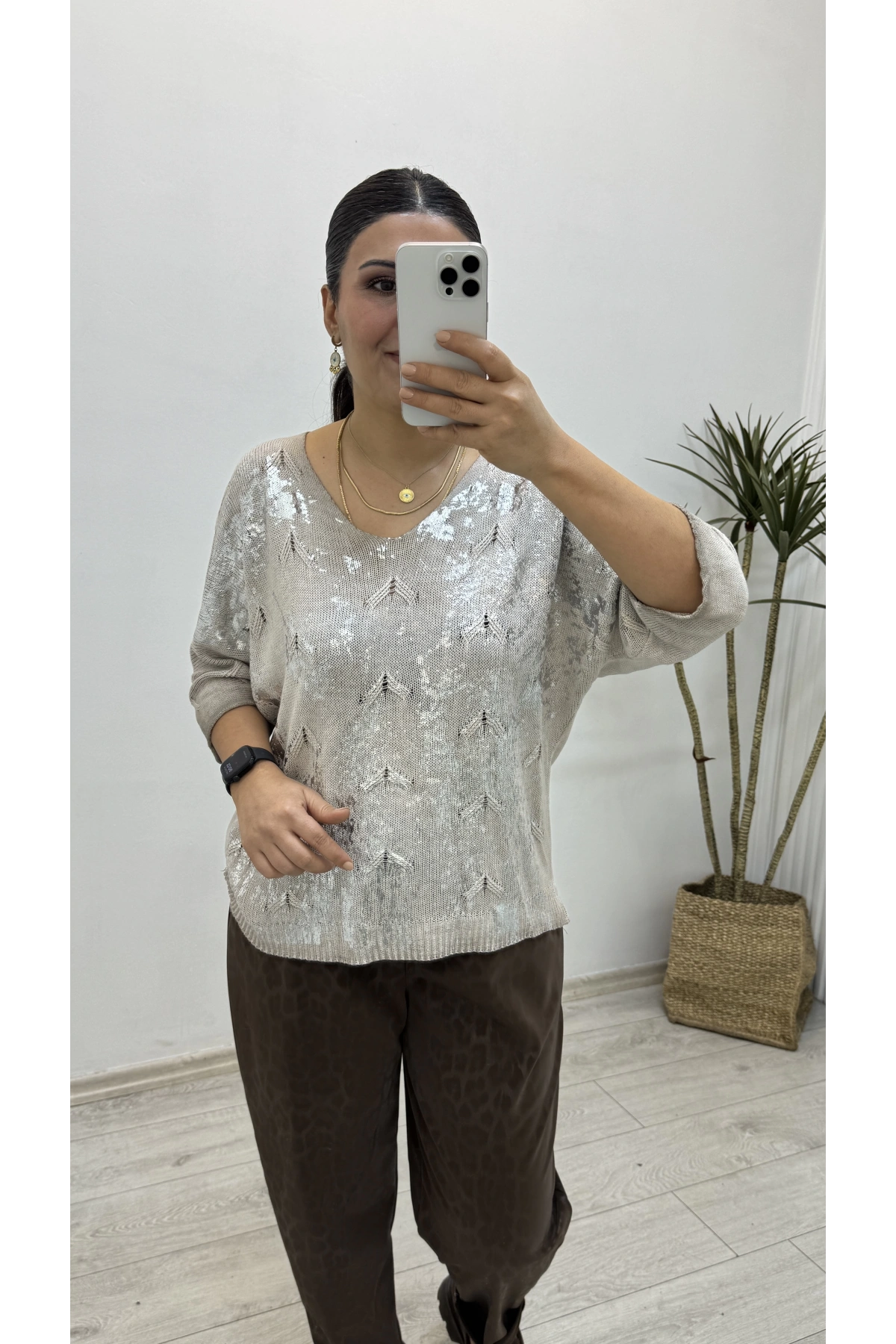 İthal V Yaka Dirsek Kol Varaklı Triko