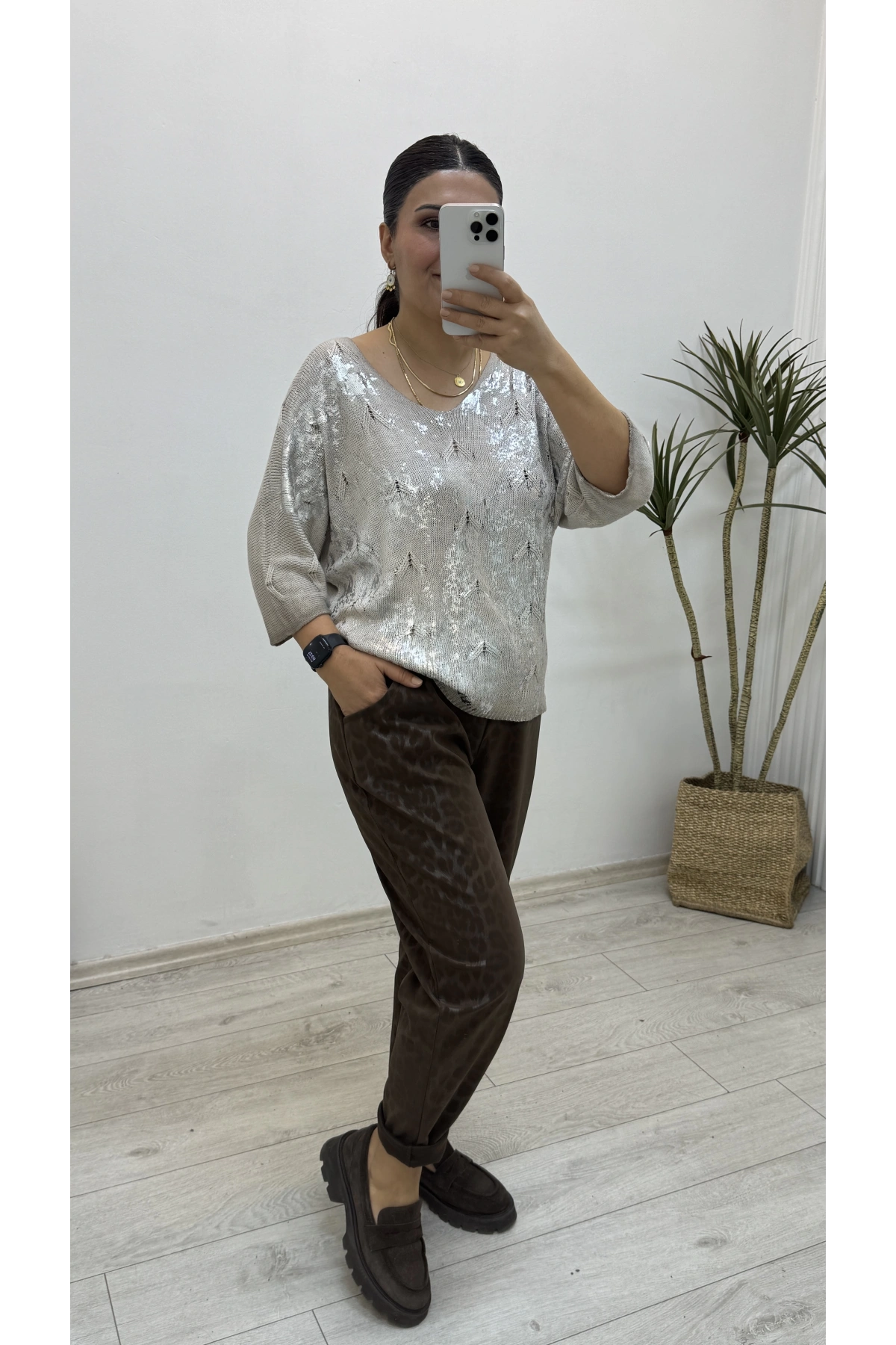 İthal V Yaka Dirsek Kol Varaklı Triko