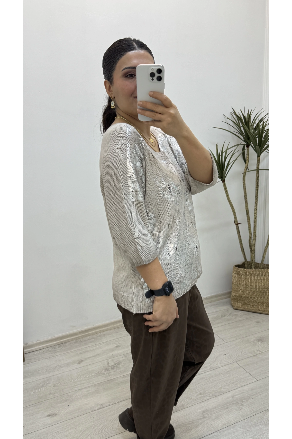 İthal V Yaka Dirsek Kol Varaklı Triko