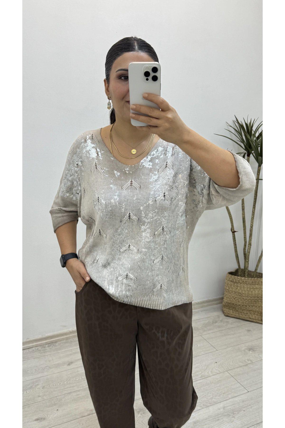 İthal V Yaka Dirsek Kol Varaklı Triko