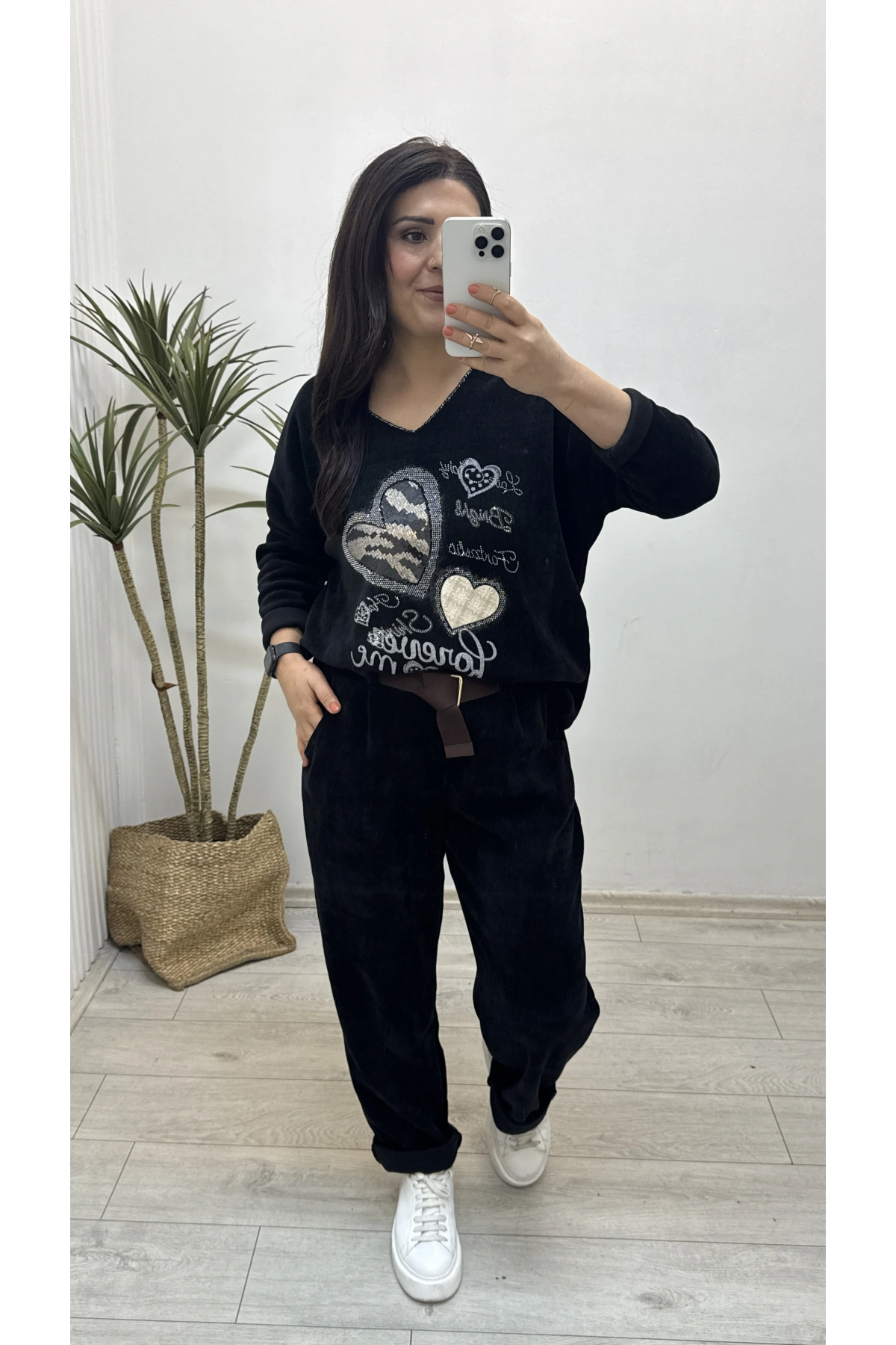 Kadife Kemerli Siyah İthal Pantolon