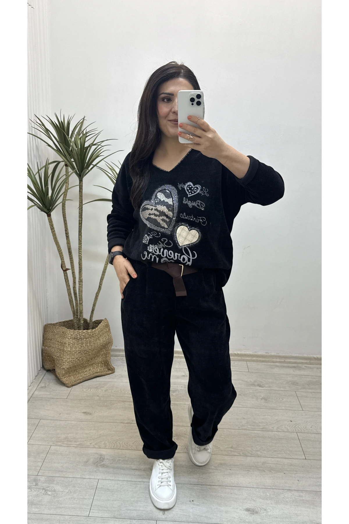 Kadife Kemerli Siyah İthal Pantolon