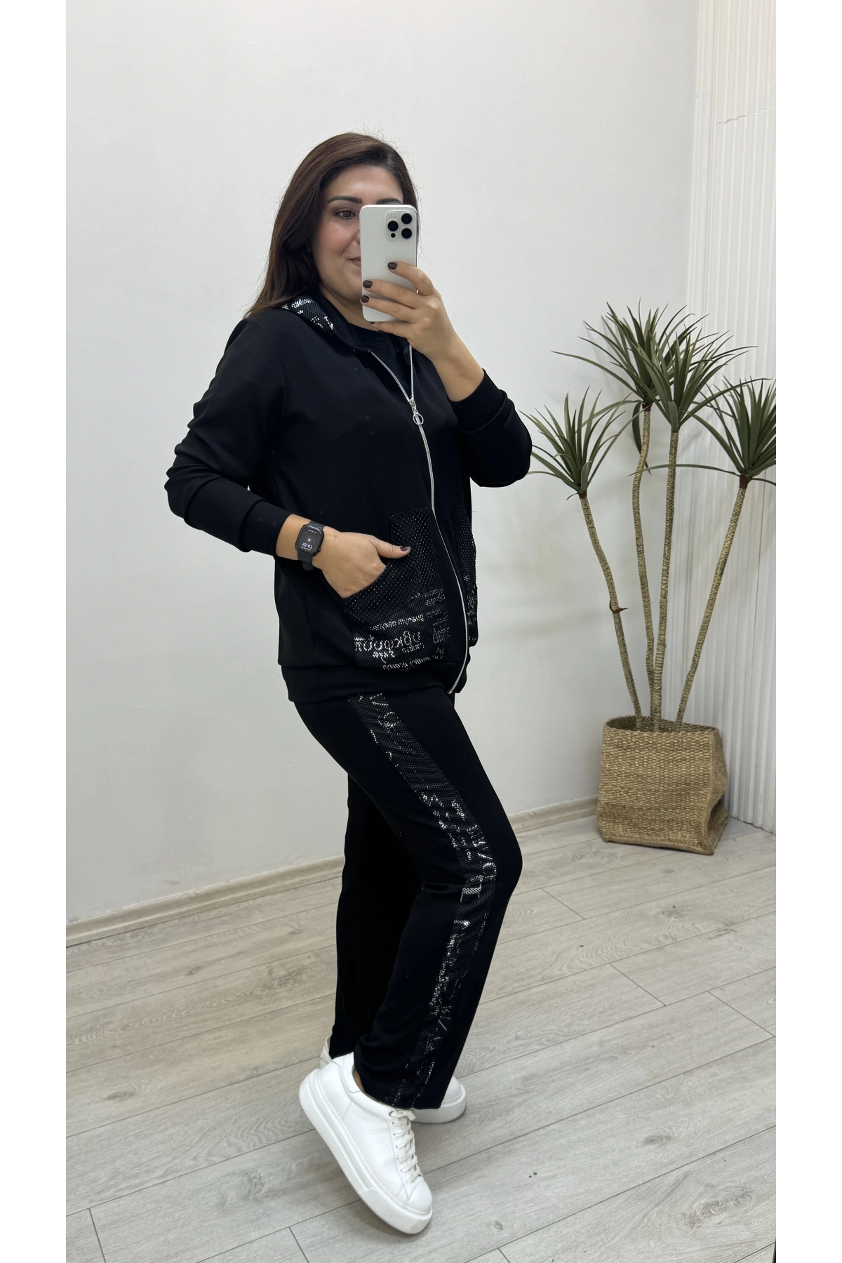 Kapüşonlu File Baskı Detaylı Eşofman Takımı