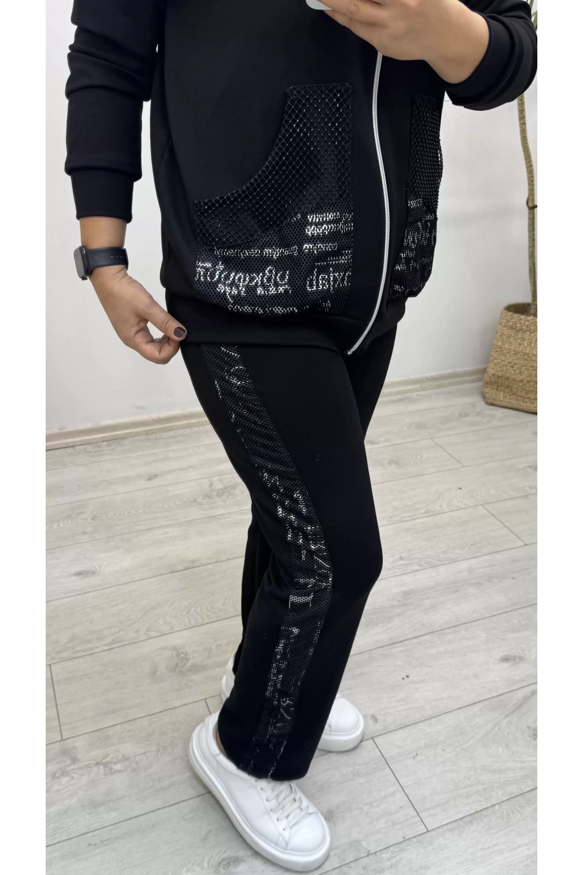 Kapüşonlu File Baskı Detaylı Eşofman Takımı