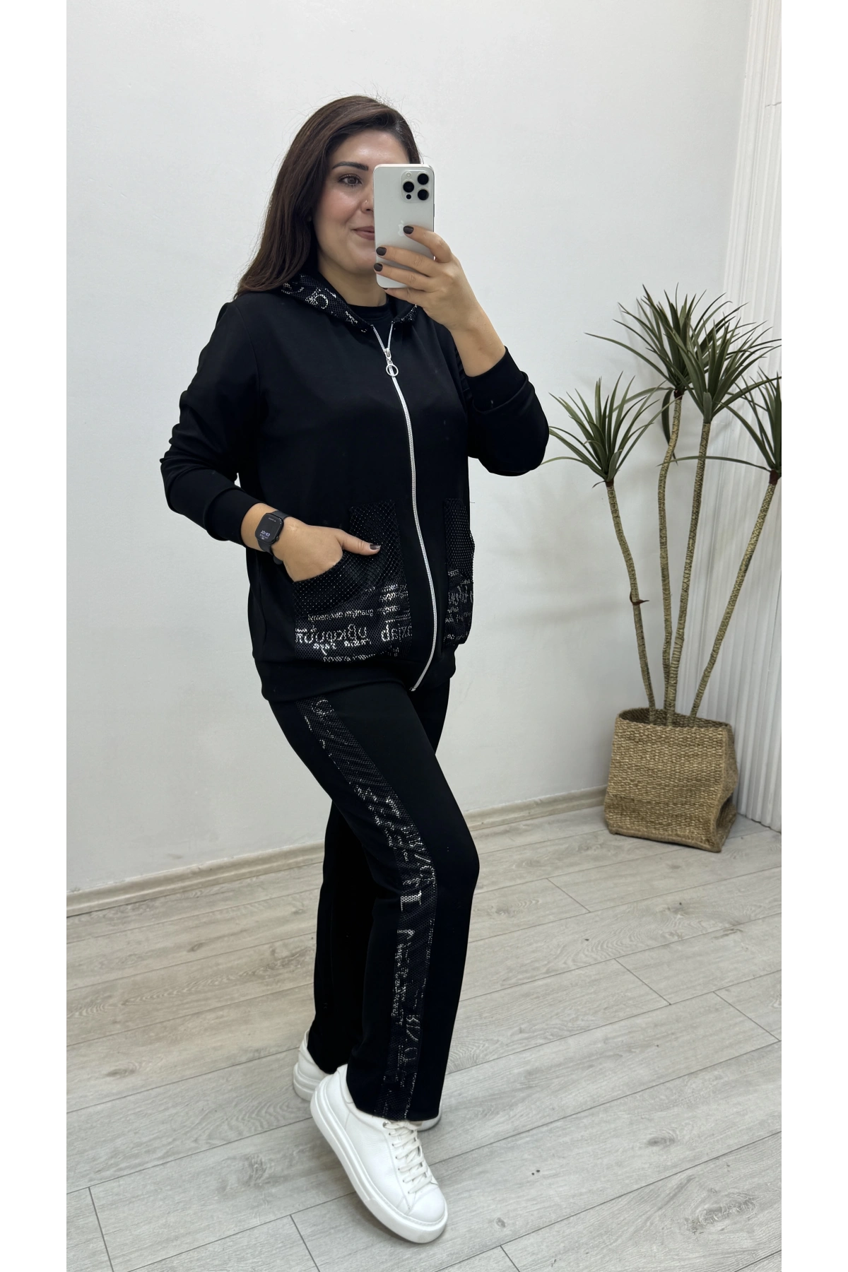 Kapüşonlu File Baskı Detaylı Eşofman Takımı