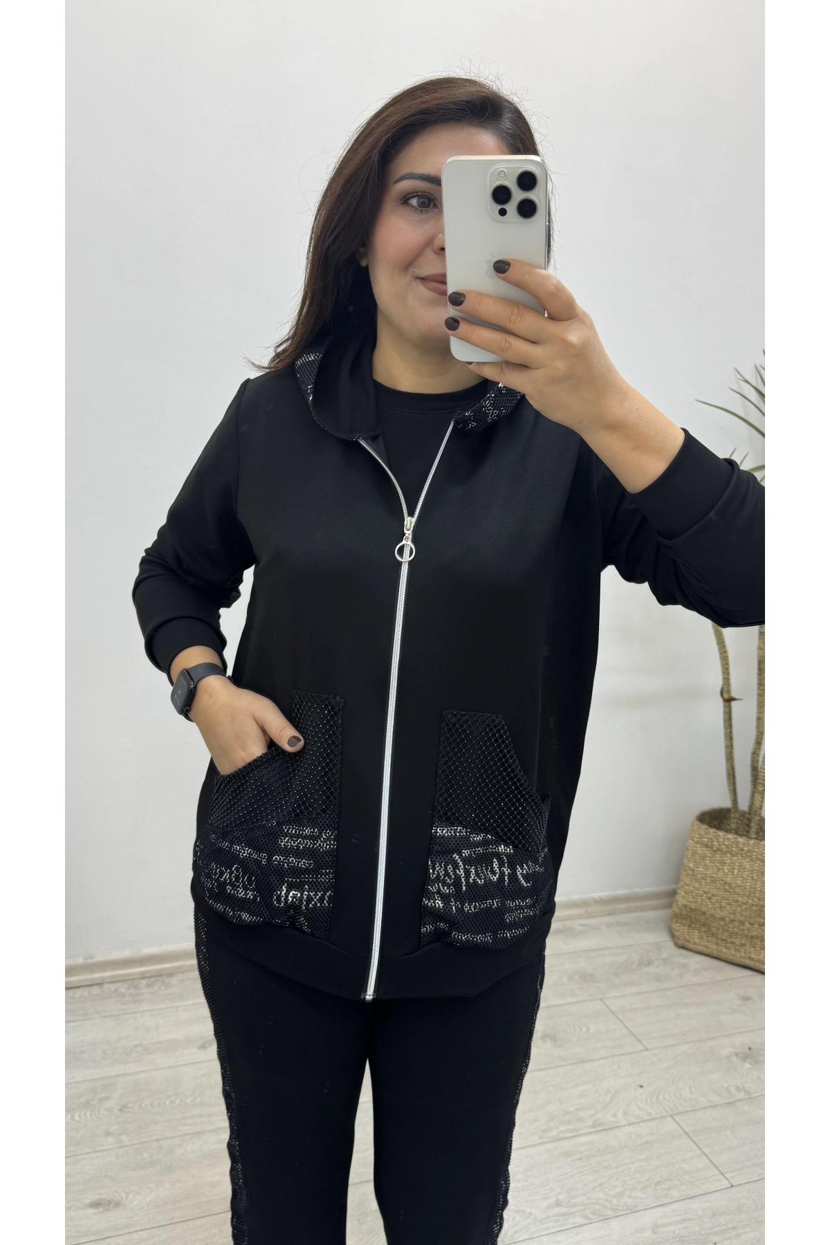 Kapüşonlu File Baskı Detaylı Eşofman Takımı