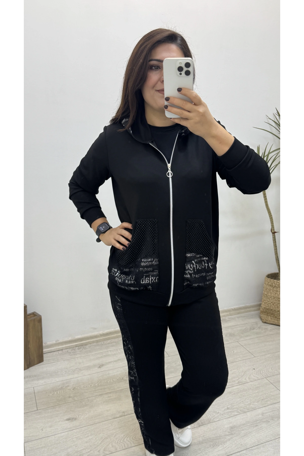 Kapüşonlu File Baskı Detaylı Eşofman Takımı