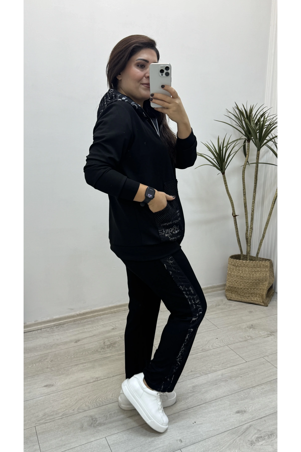 Kapüşonlu File Baskı Detaylı Eşofman Takımı