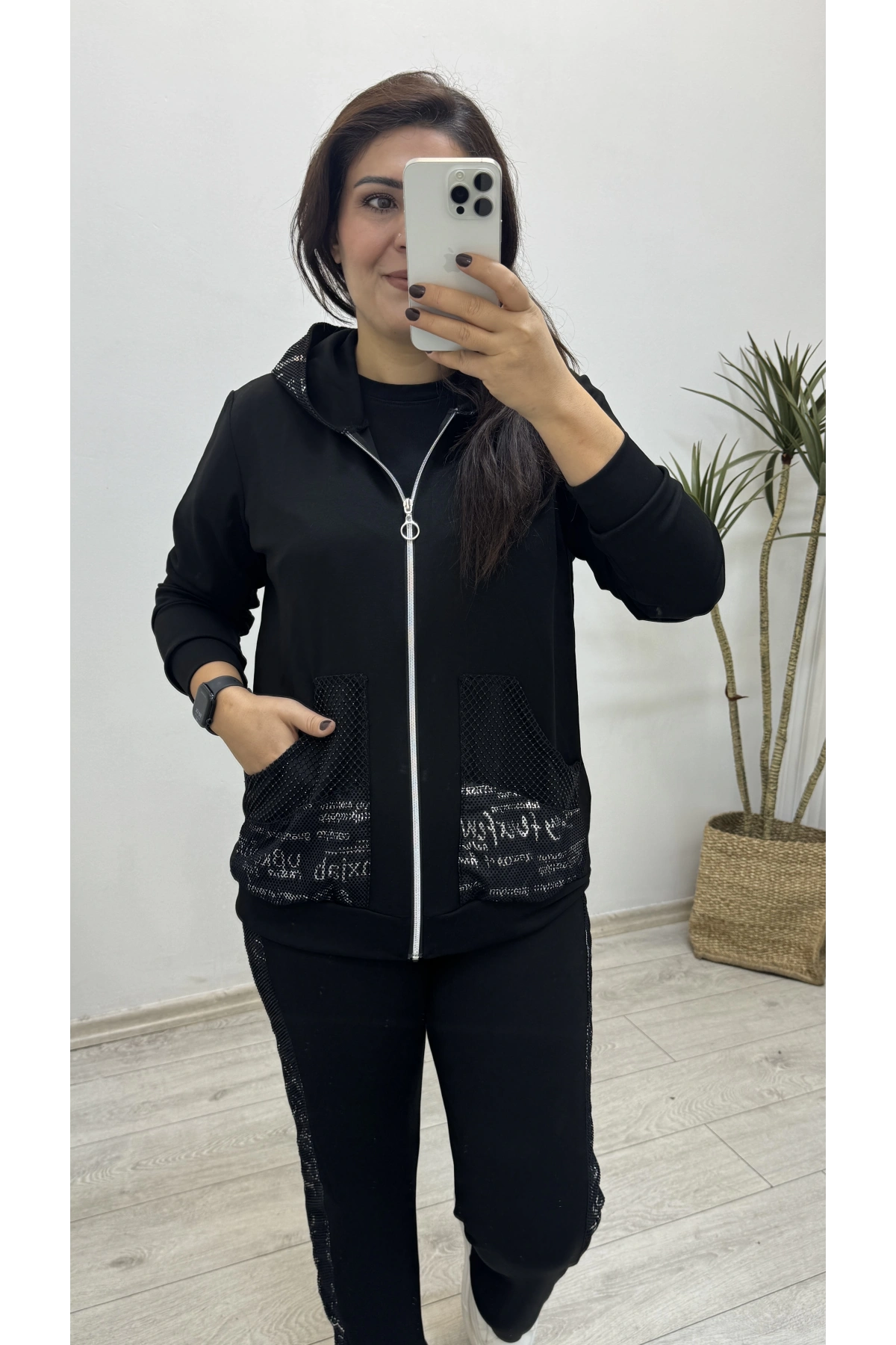 Kapüşonlu File Baskı Detaylı Eşofman Takımı