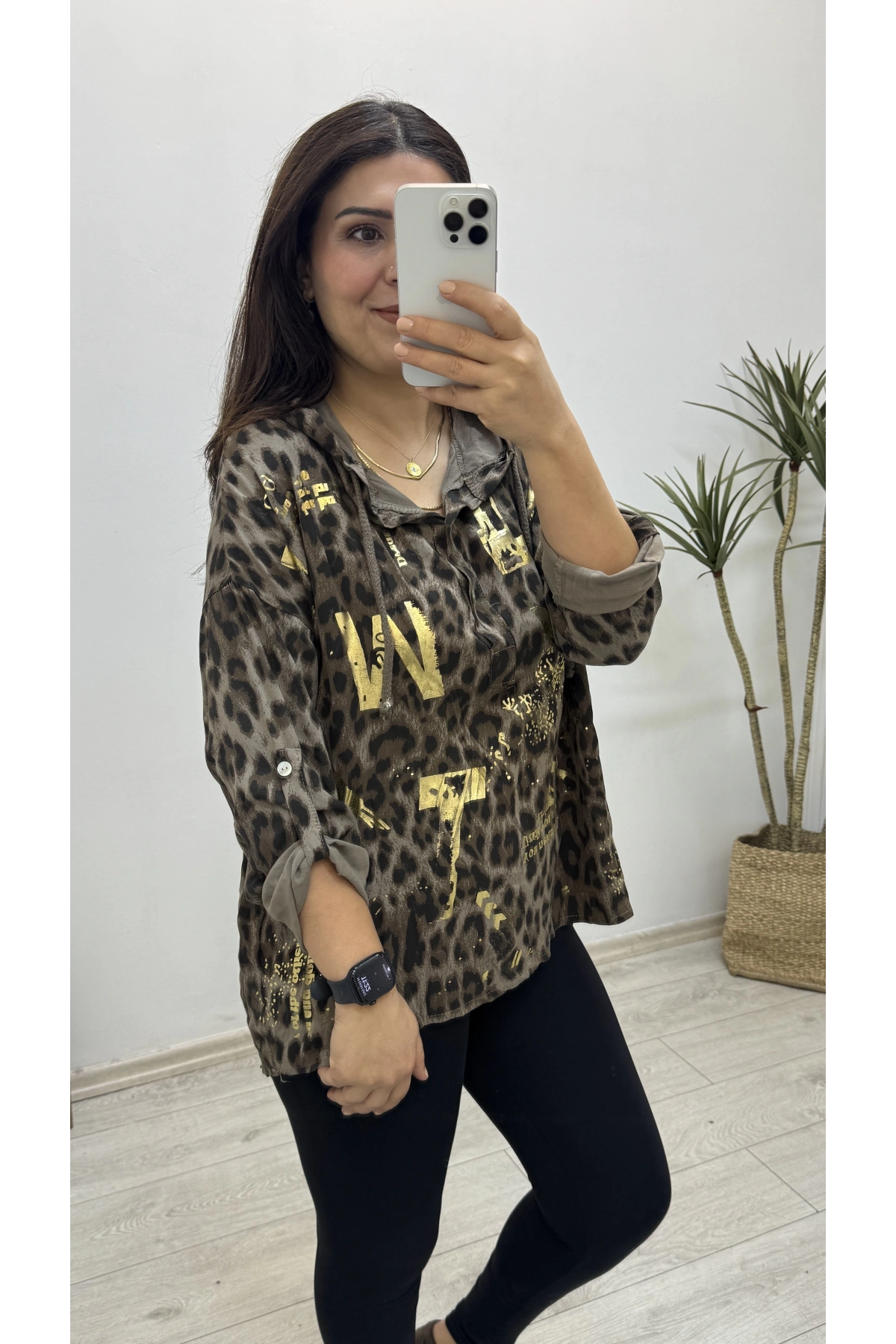 Kapüşonlu Leopar Desenli Acıkahve Gömlek Bluz