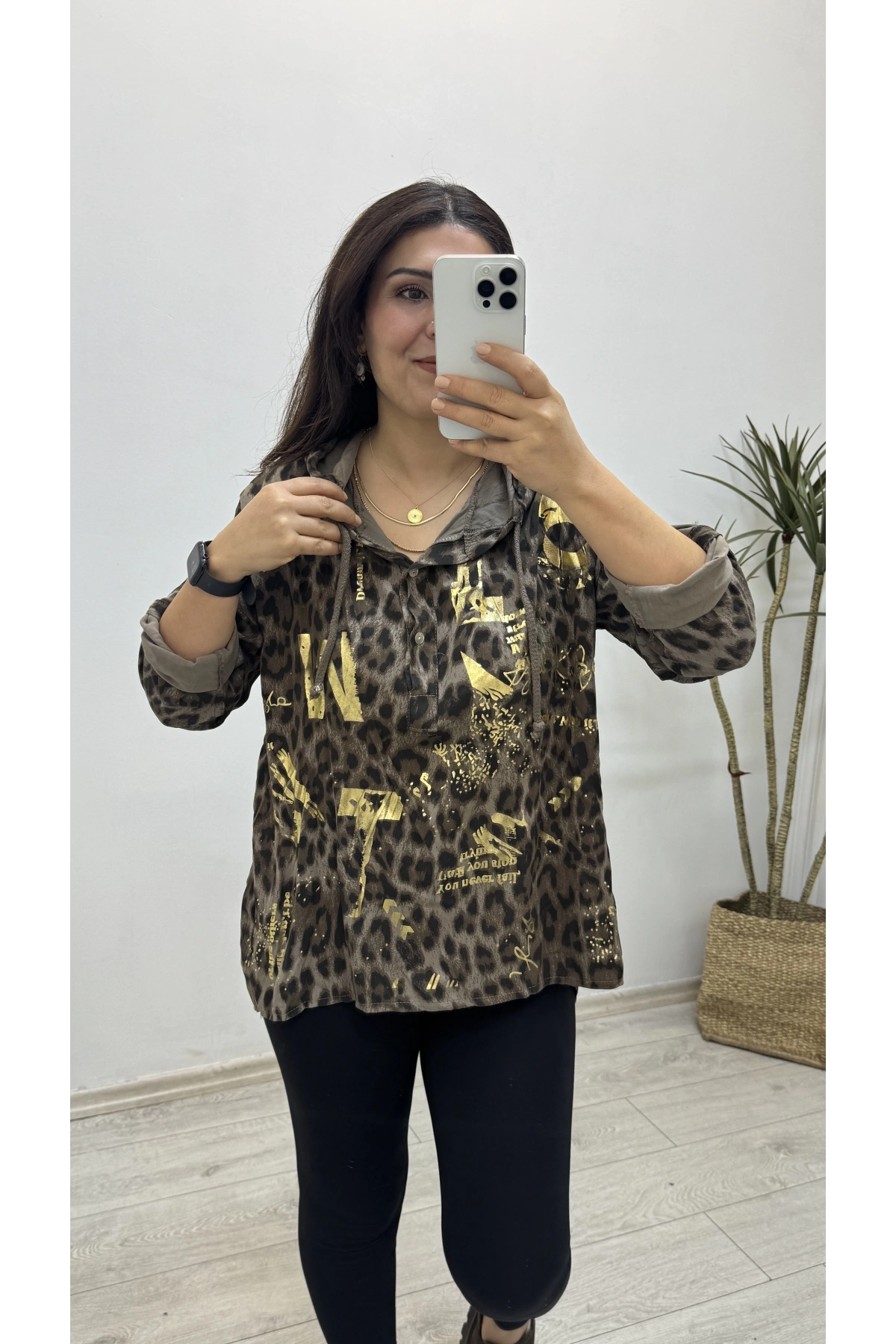 Kapüşonlu Leopar Desenli Acıkahve Gömlek Bluz