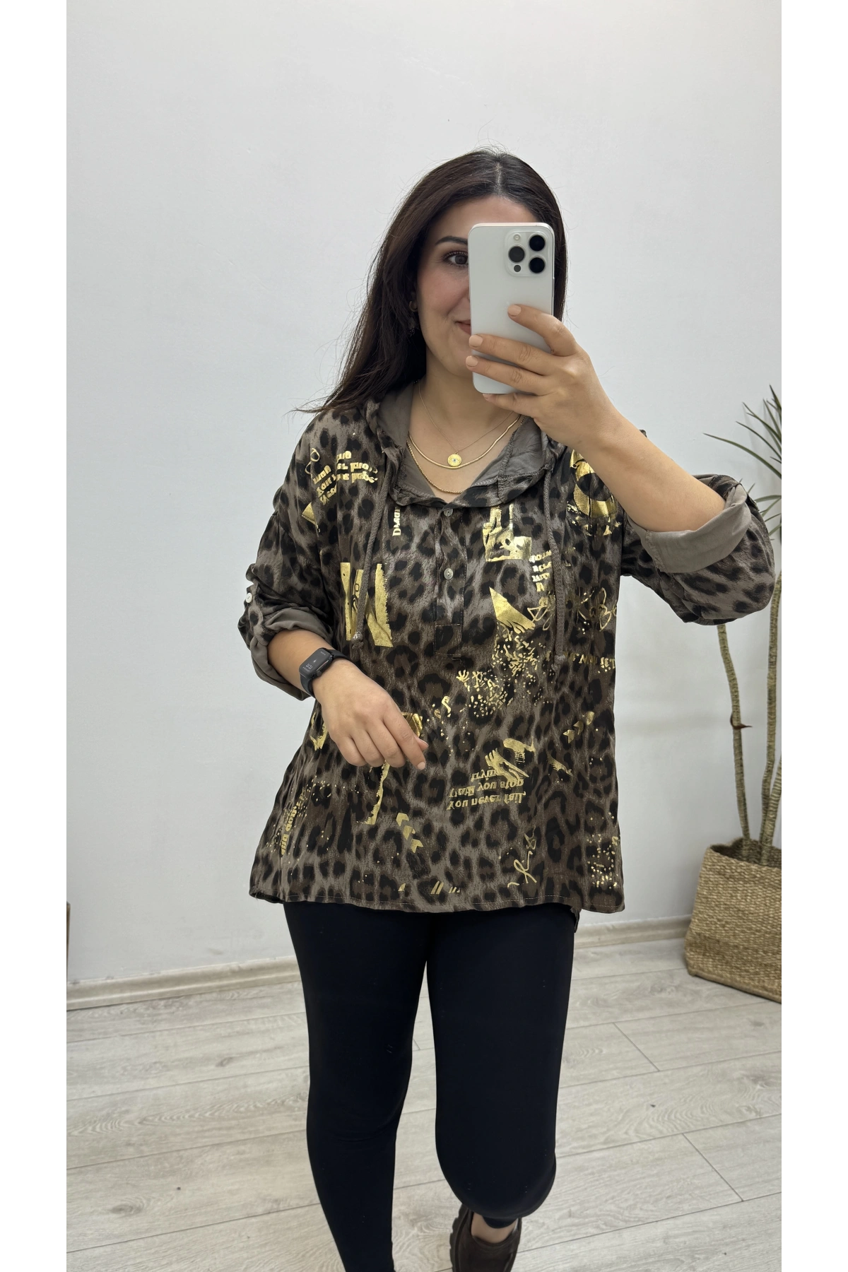 Kapüşonlu Leopar Desenli Acıkahve Gömlek Bluz