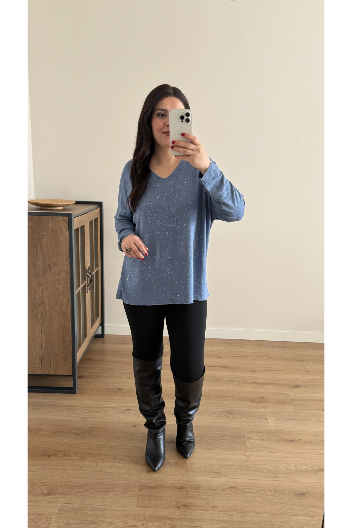 Kırık Taş Baskılı Mavi İthal Bluz