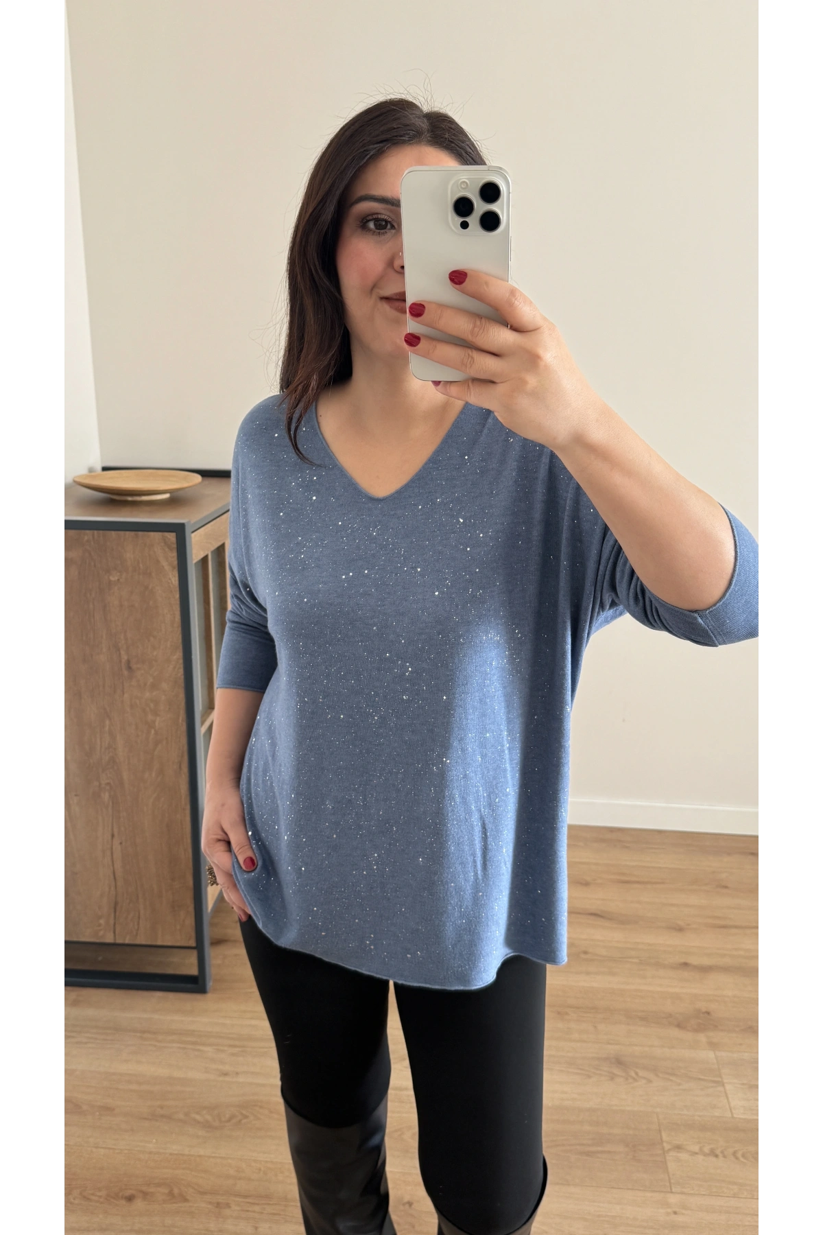 Kırık Taş Baskılı Mavi İthal Bluz