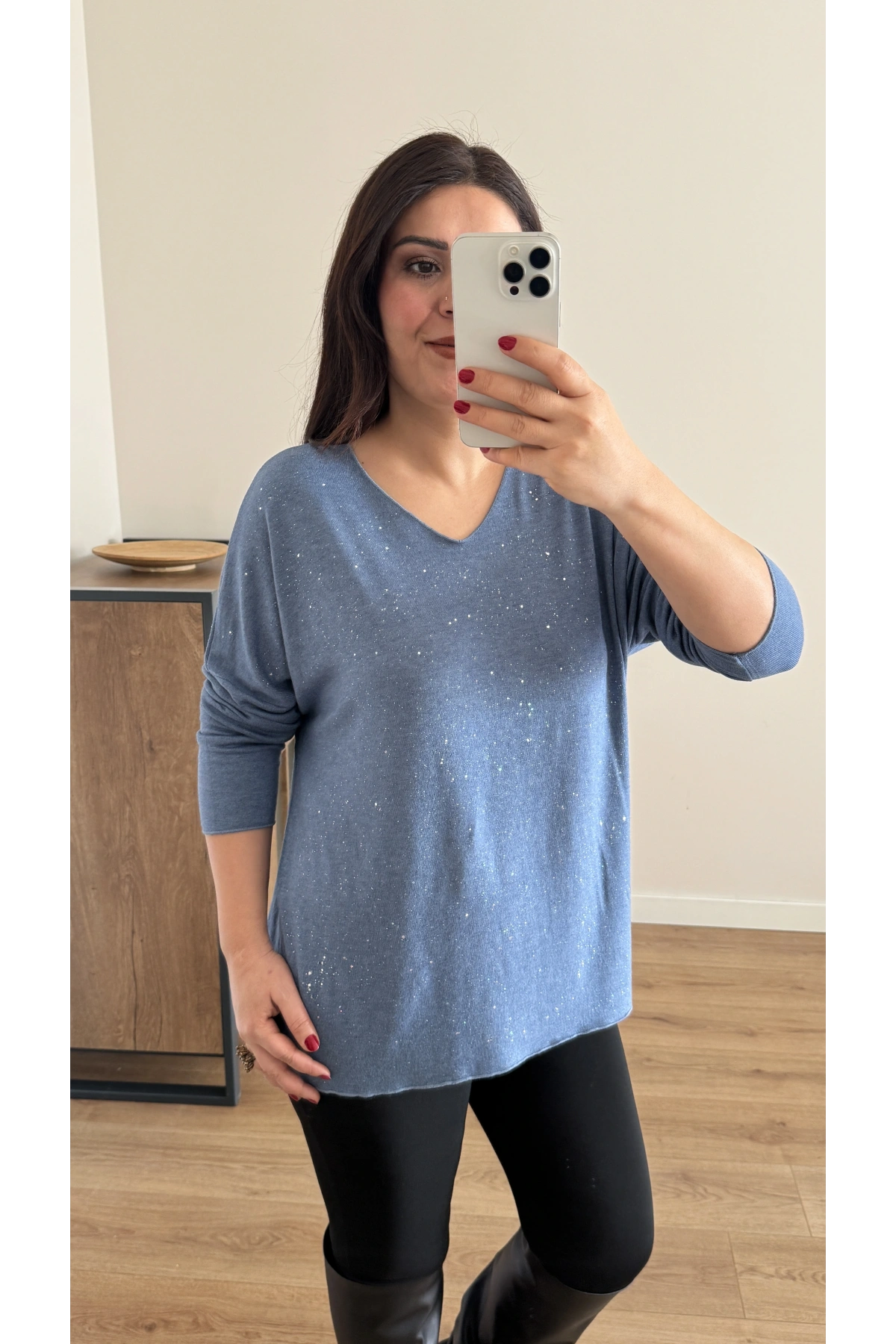 Kırık Taş Baskılı Mavi İthal Bluz