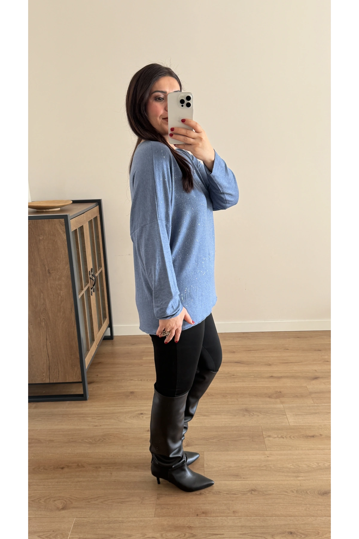 Kırık Taş Baskılı Mavi İthal Bluz