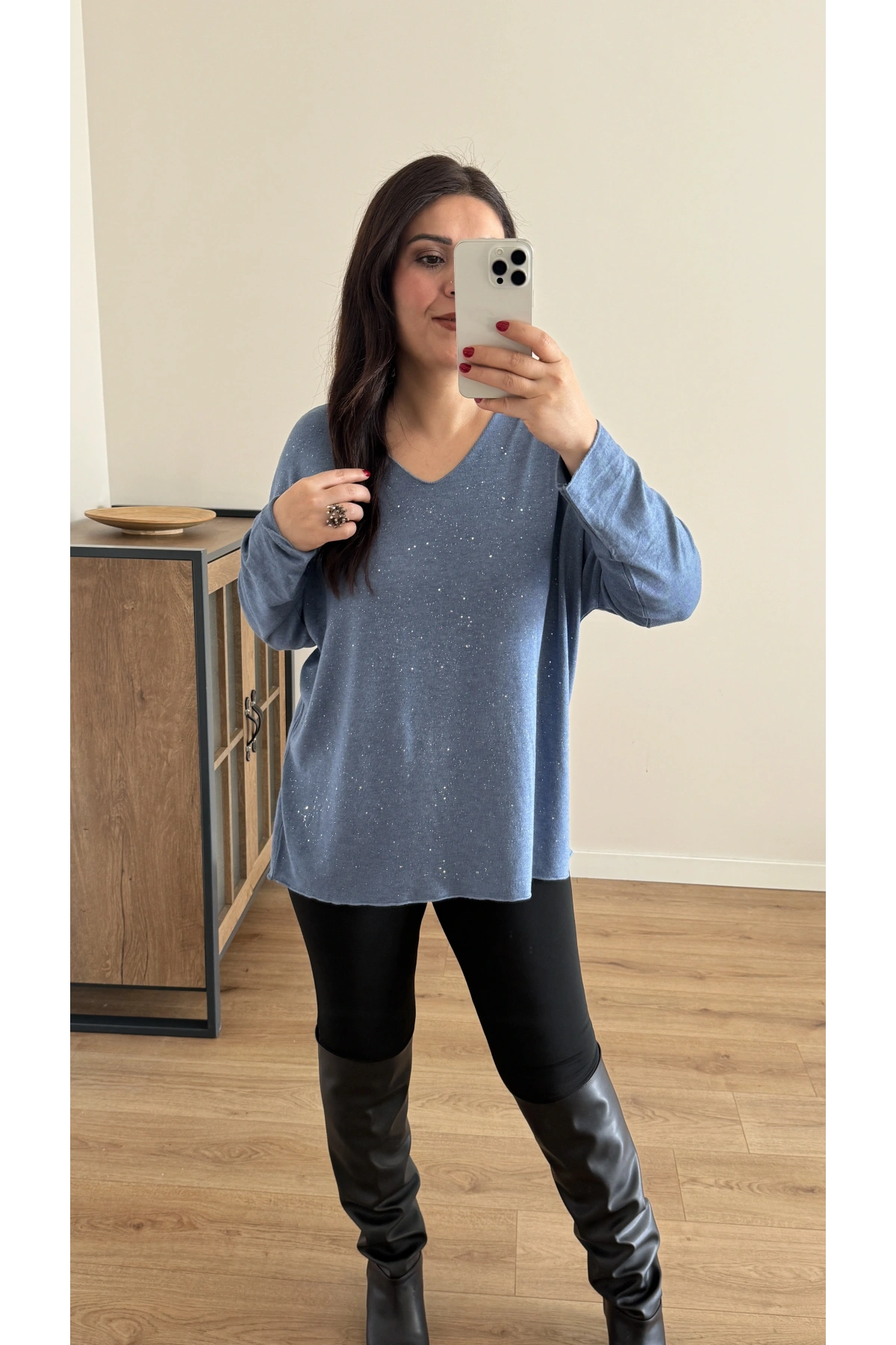 Kırık Taş Baskılı Mavi İthal Bluz