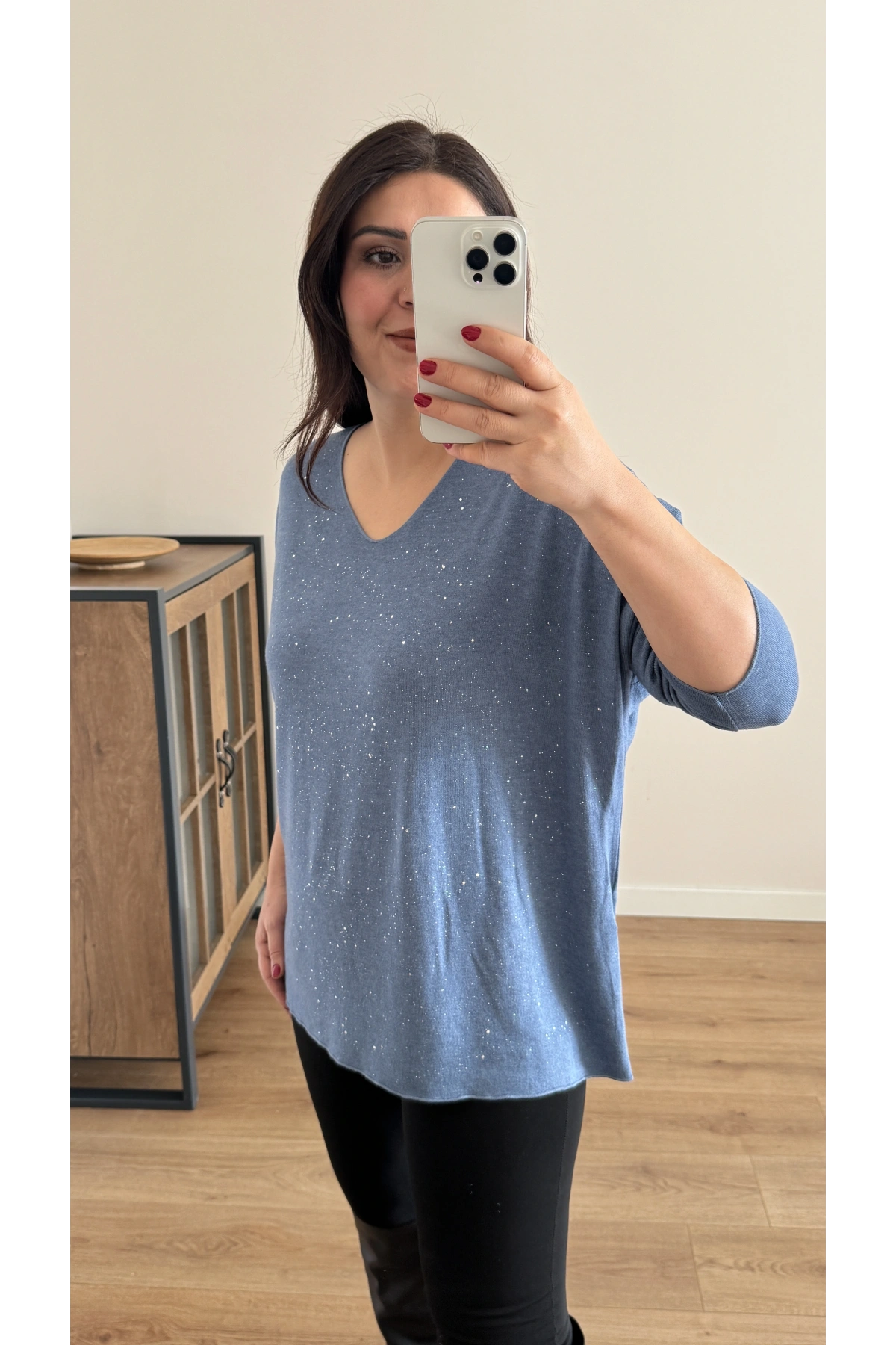 Kırık Taş Baskılı Mavi İthal Bluz