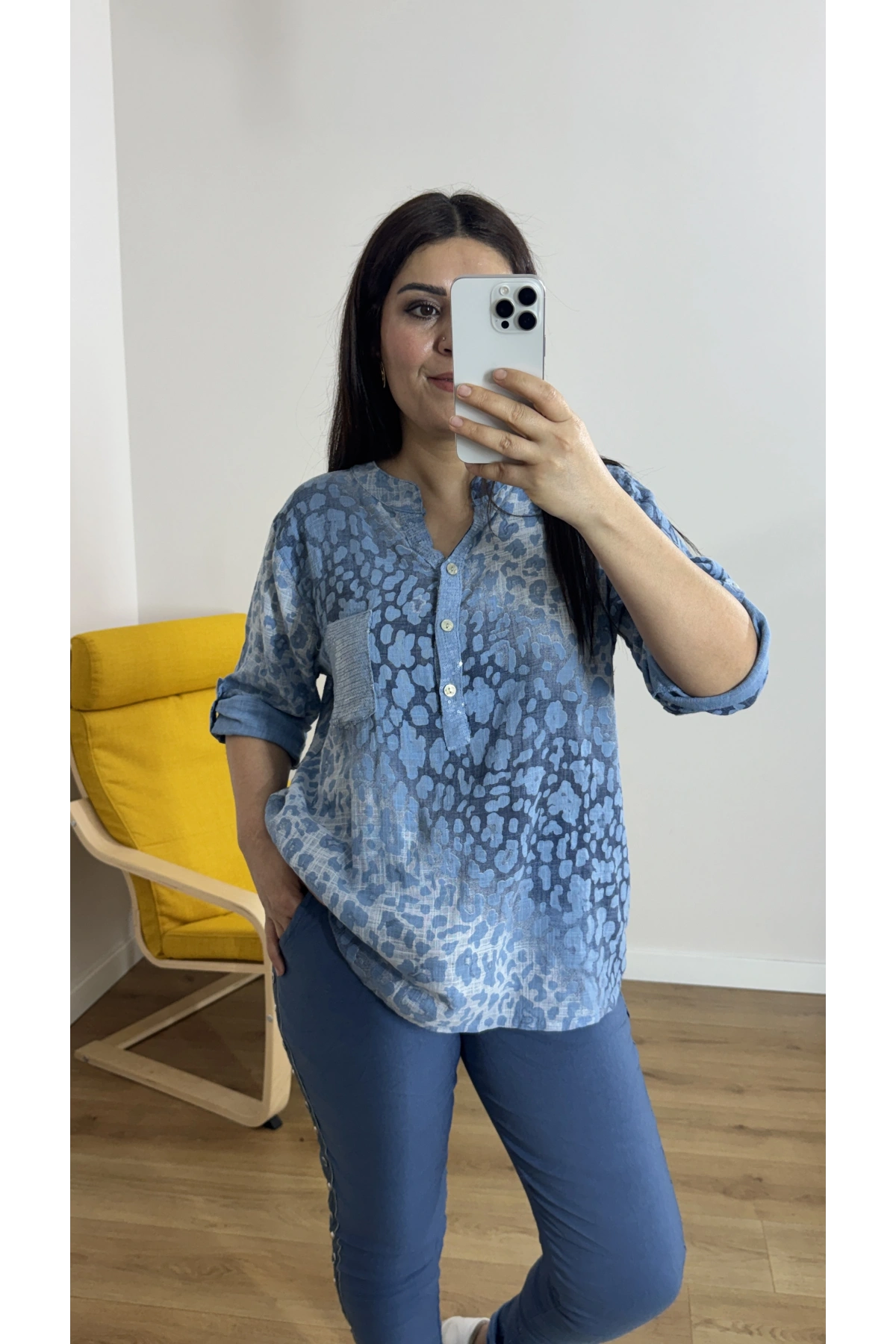Leopar Desenli Haki Yaka Mavi Bluz