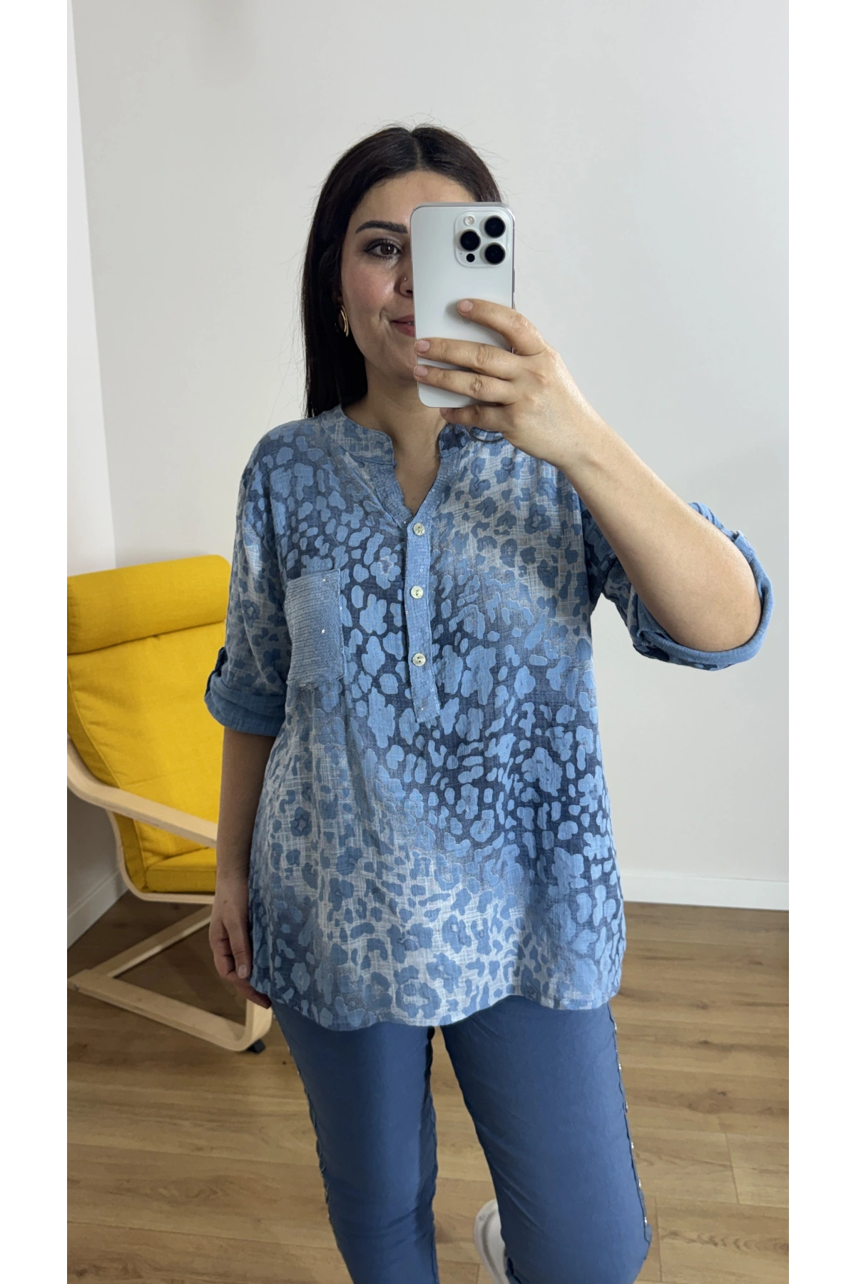 Leopar Desenli Haki Yaka Mavi Bluz