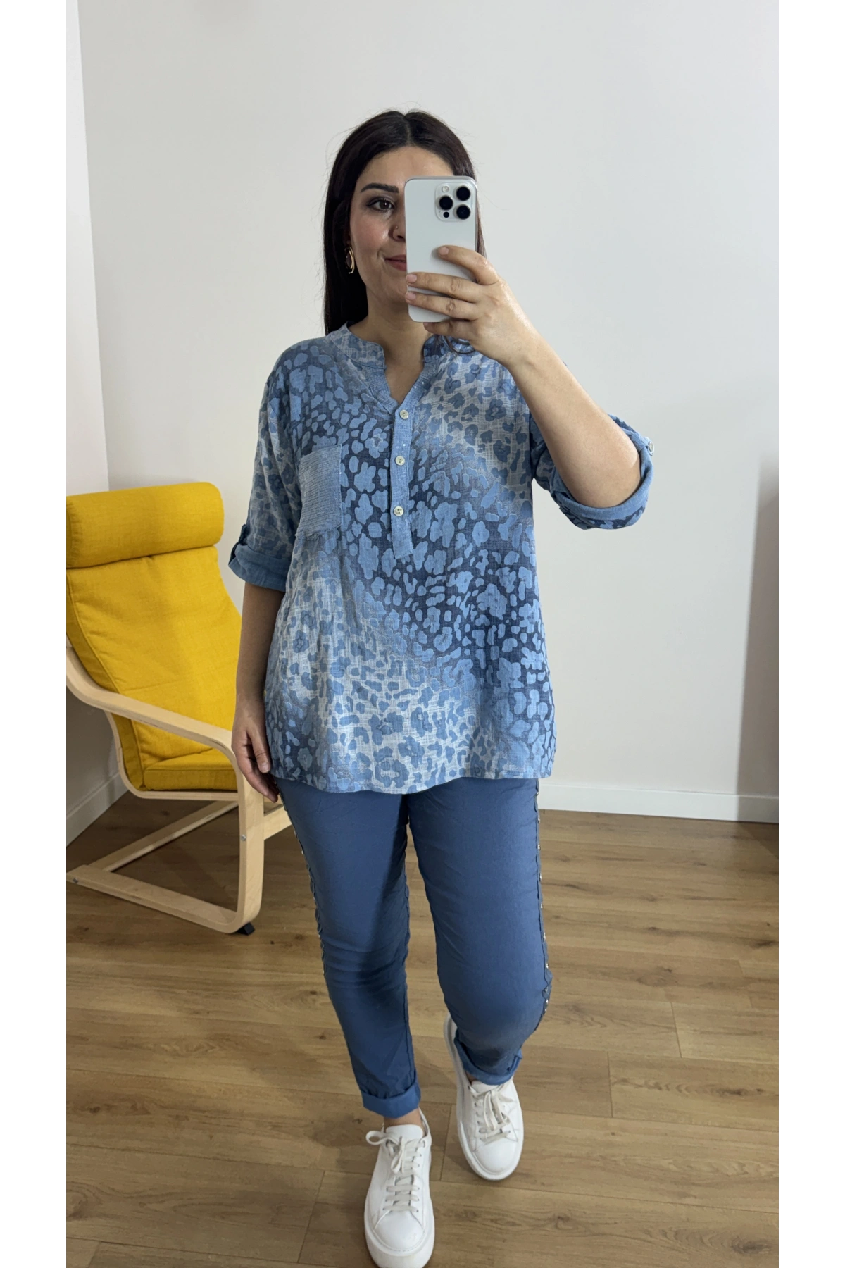 Leopar Desenli Haki Yaka Mavi Bluz