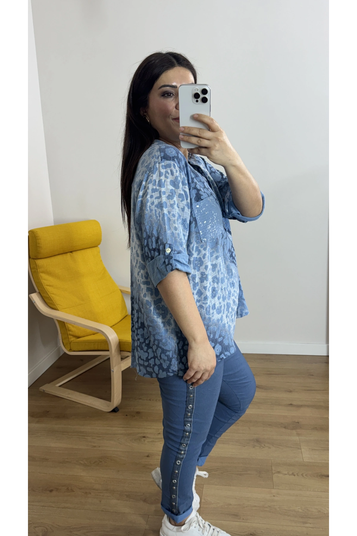 Leopar Desenli Haki Yaka Mavi Bluz