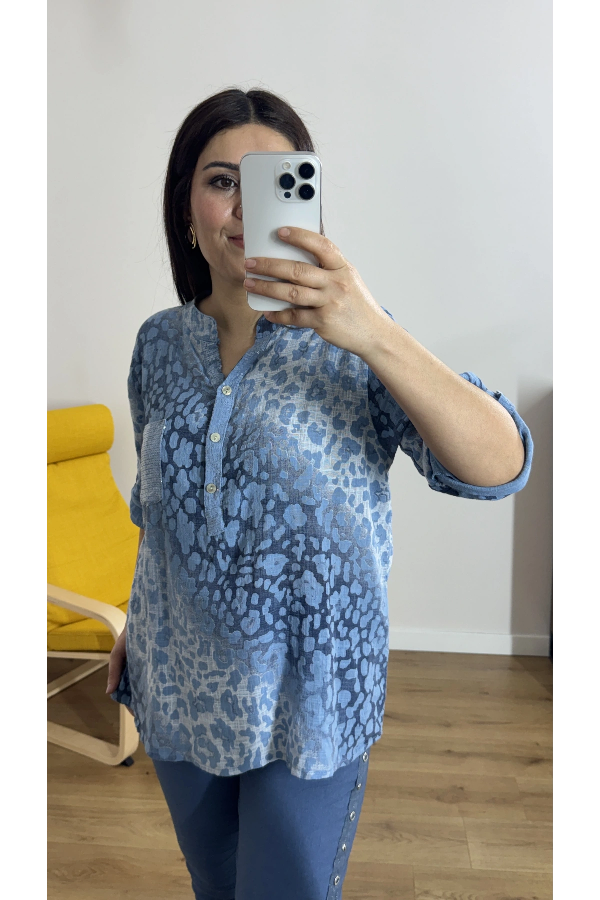 Leopar Desenli Haki Yaka Mavi Bluz