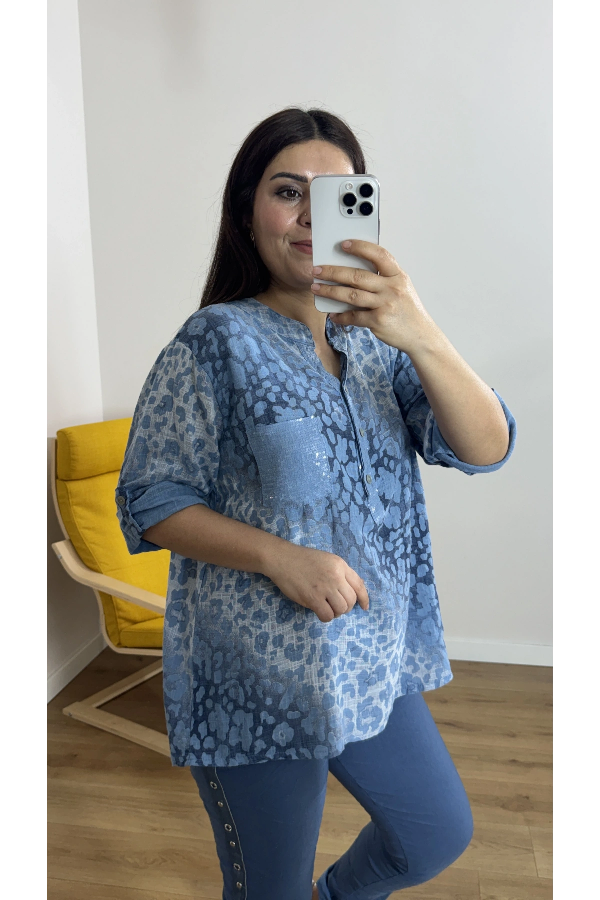 Leopar Desenli Haki Yaka Mavi Bluz