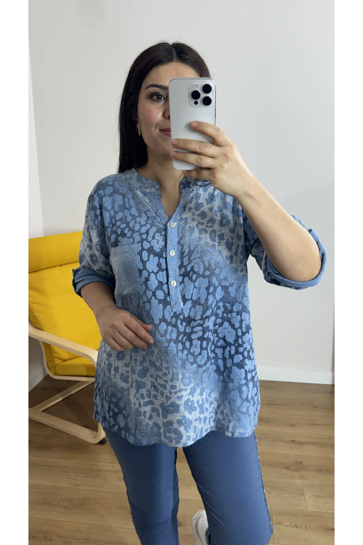 Leopar Desenli Haki Yaka Mavi Bluz