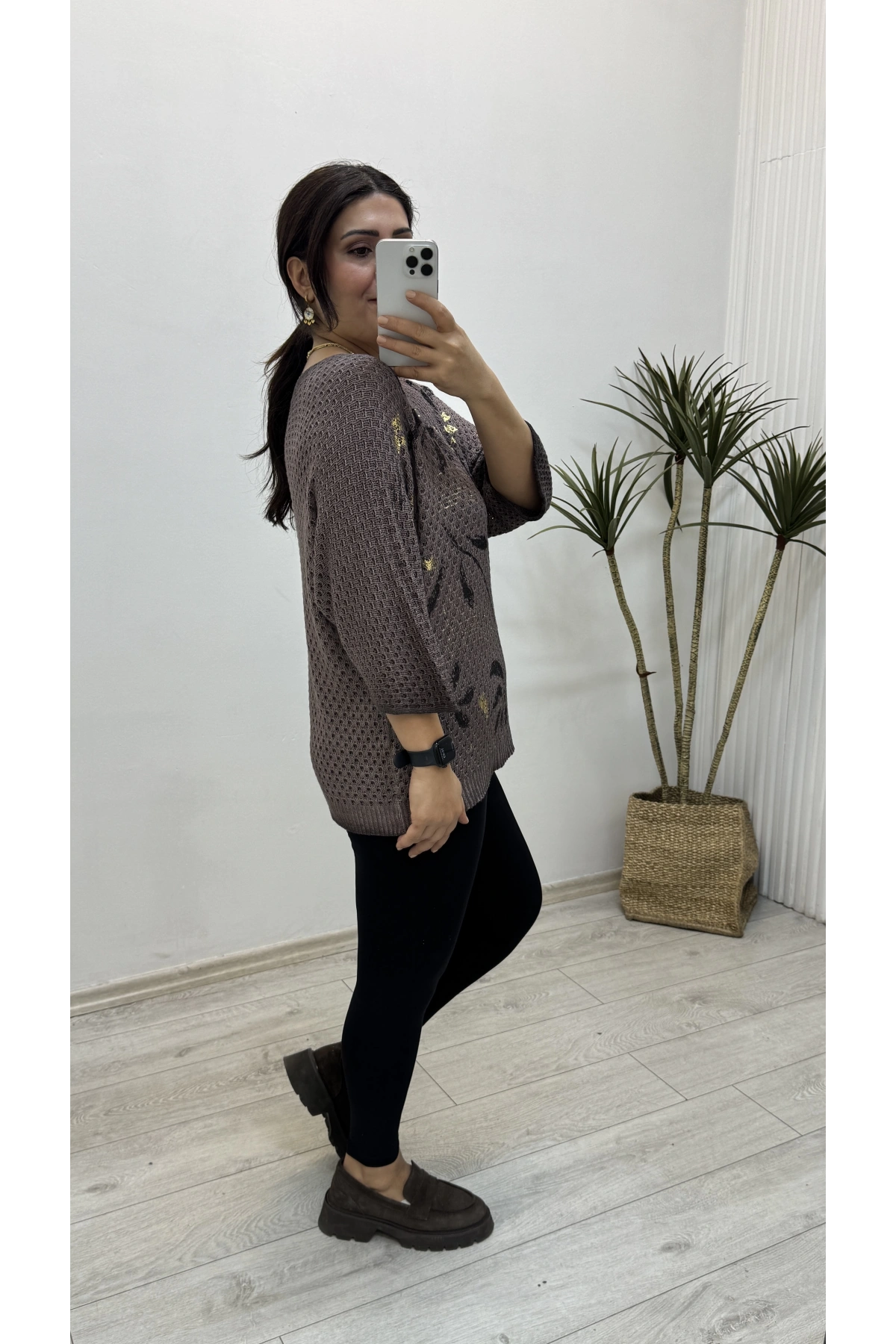 Triko Örme Dirsek Kol Kahverengi İthal Bluz