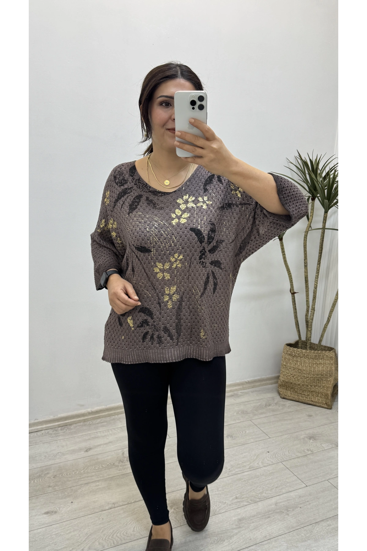 Triko Örme Dirsek Kol Kahverengi İthal Bluz