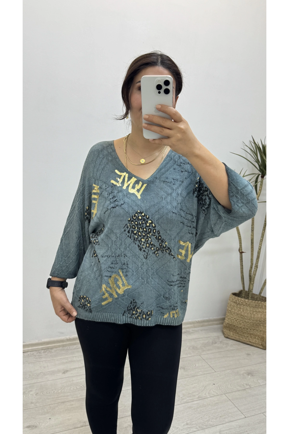 Triko Örme Dirsek Kol Mavi İthal Bluz