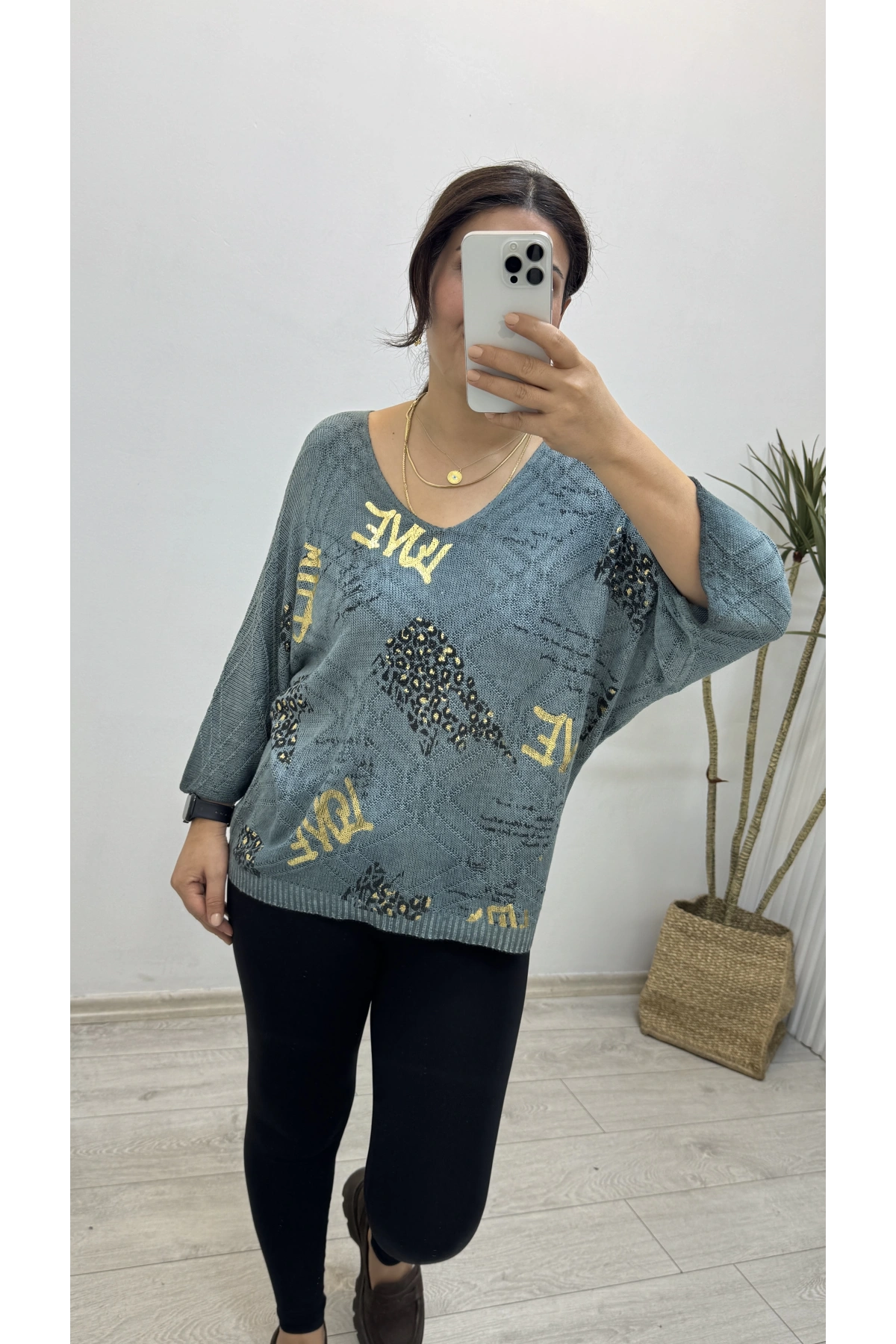 Triko Örme Dirsek Kol Mavi İthal Bluz