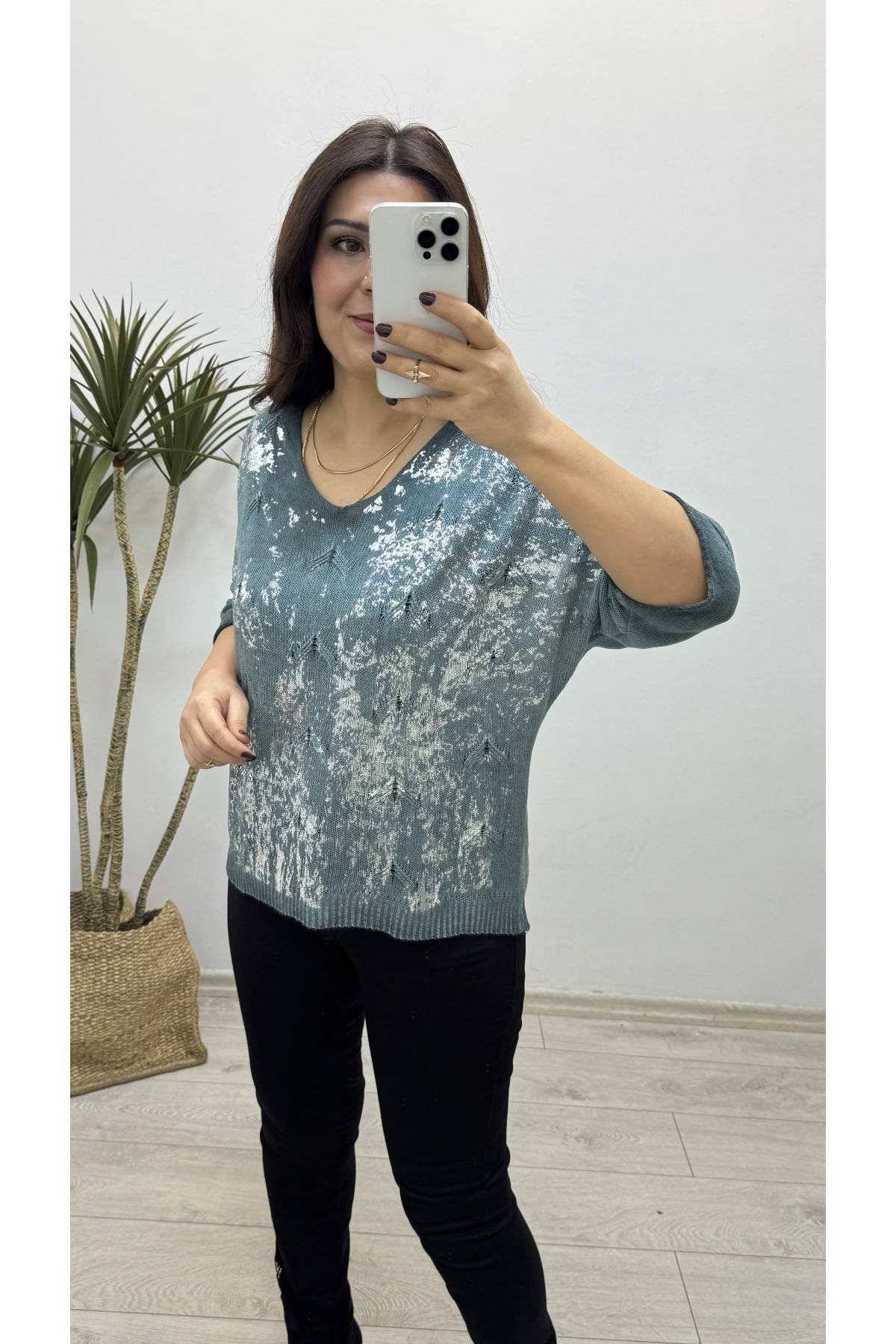 Varaklı Su Yeşili İthal Triko Bluz