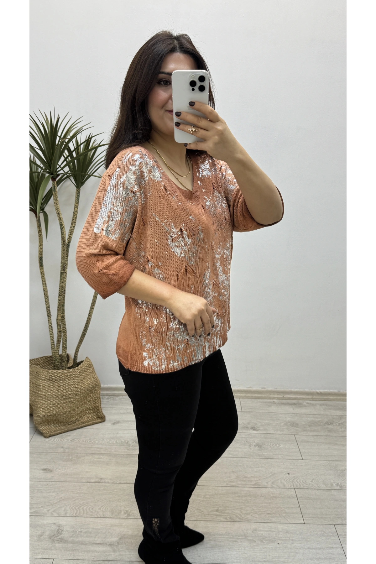 Varaklı Tarçın Rengi İthal Triko Bluz