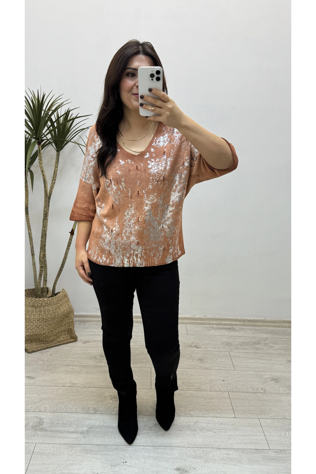 Varaklı Tarçın Rengi İthal Triko Bluz