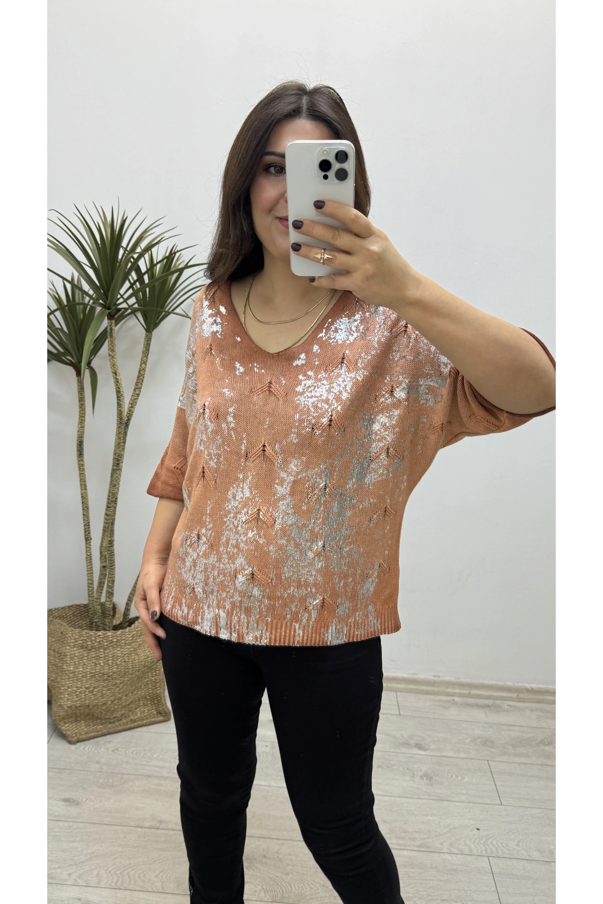 Varaklı Tarçın Rengi İthal Triko Bluz