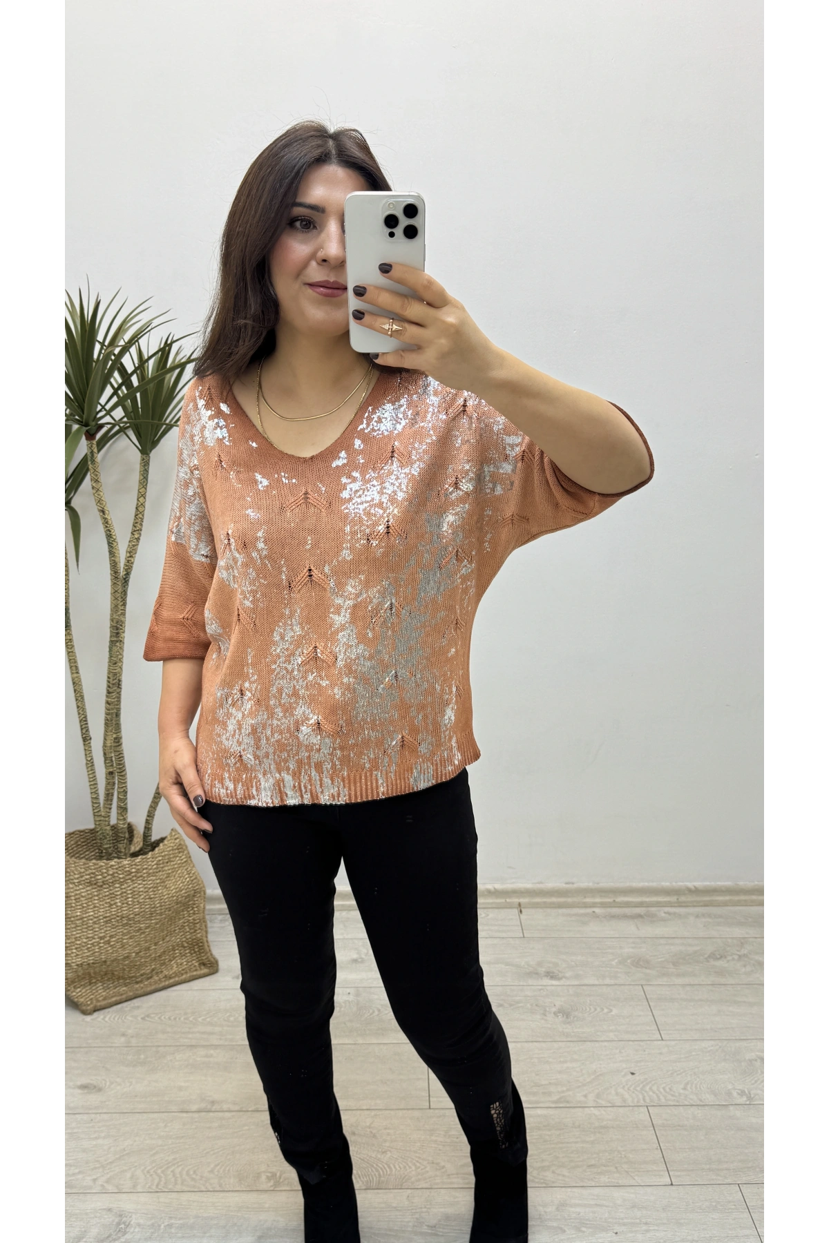 Varaklı Tarçın Rengi İthal Triko Bluz