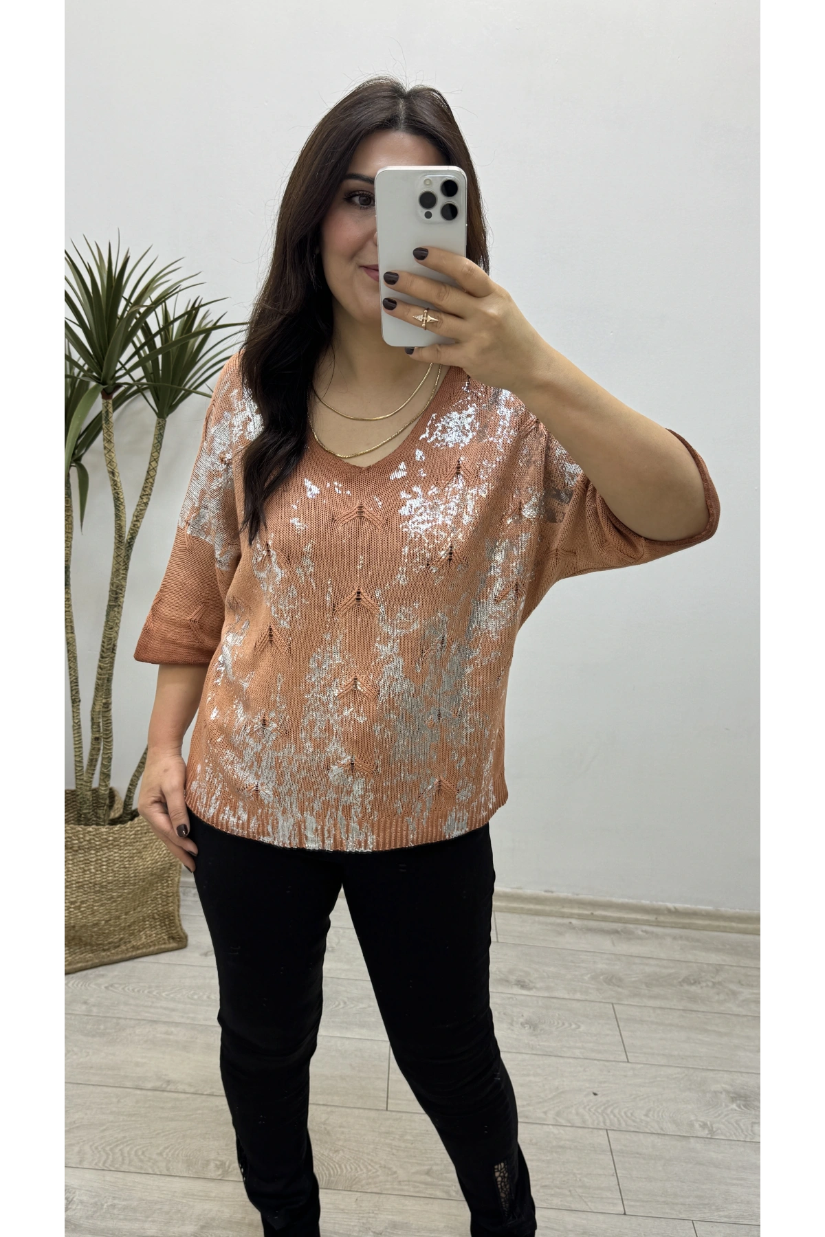 Varaklı Tarçın Rengi İthal Triko Bluz