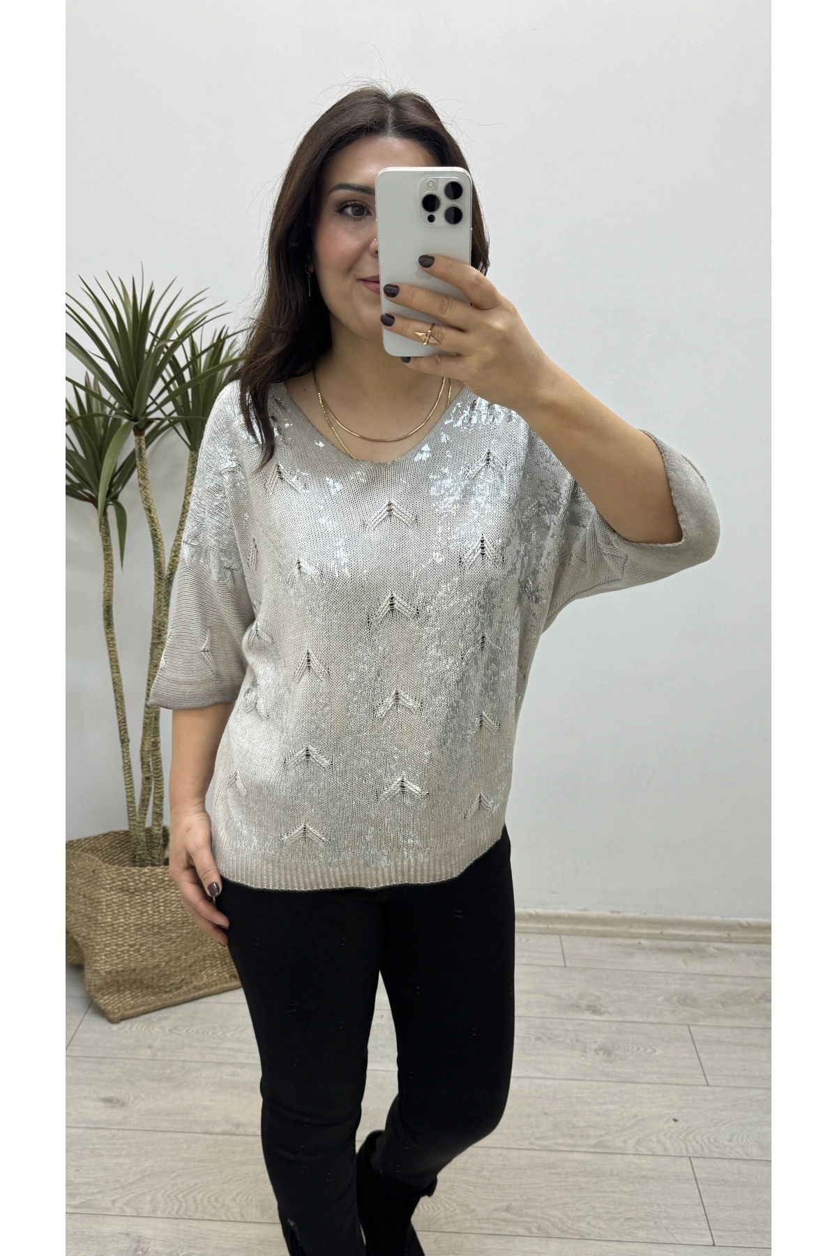 Varaklı Triko Örme Vizon Rengi İthal Bluz