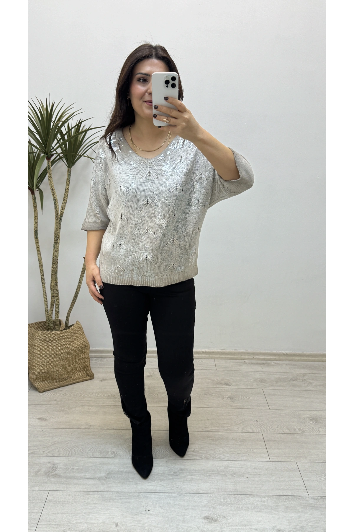 Varaklı Triko Örme Vizon Rengi İthal Bluz